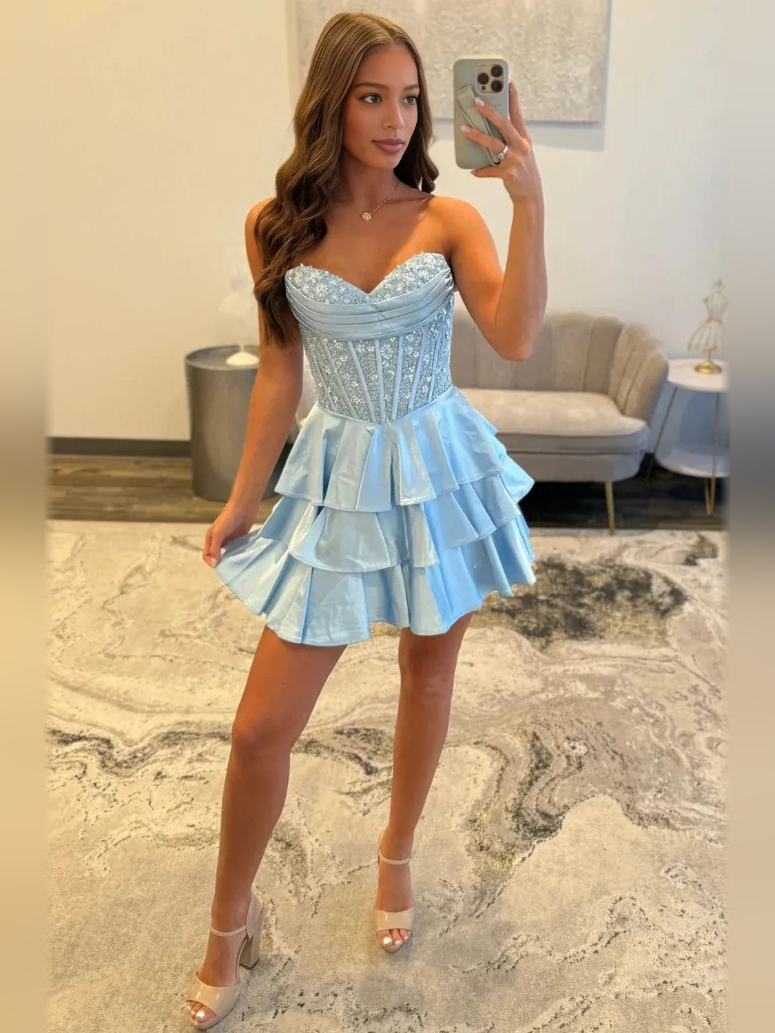 Light blue corset sweetheart mini satin dress with layered tiered ruffle hem