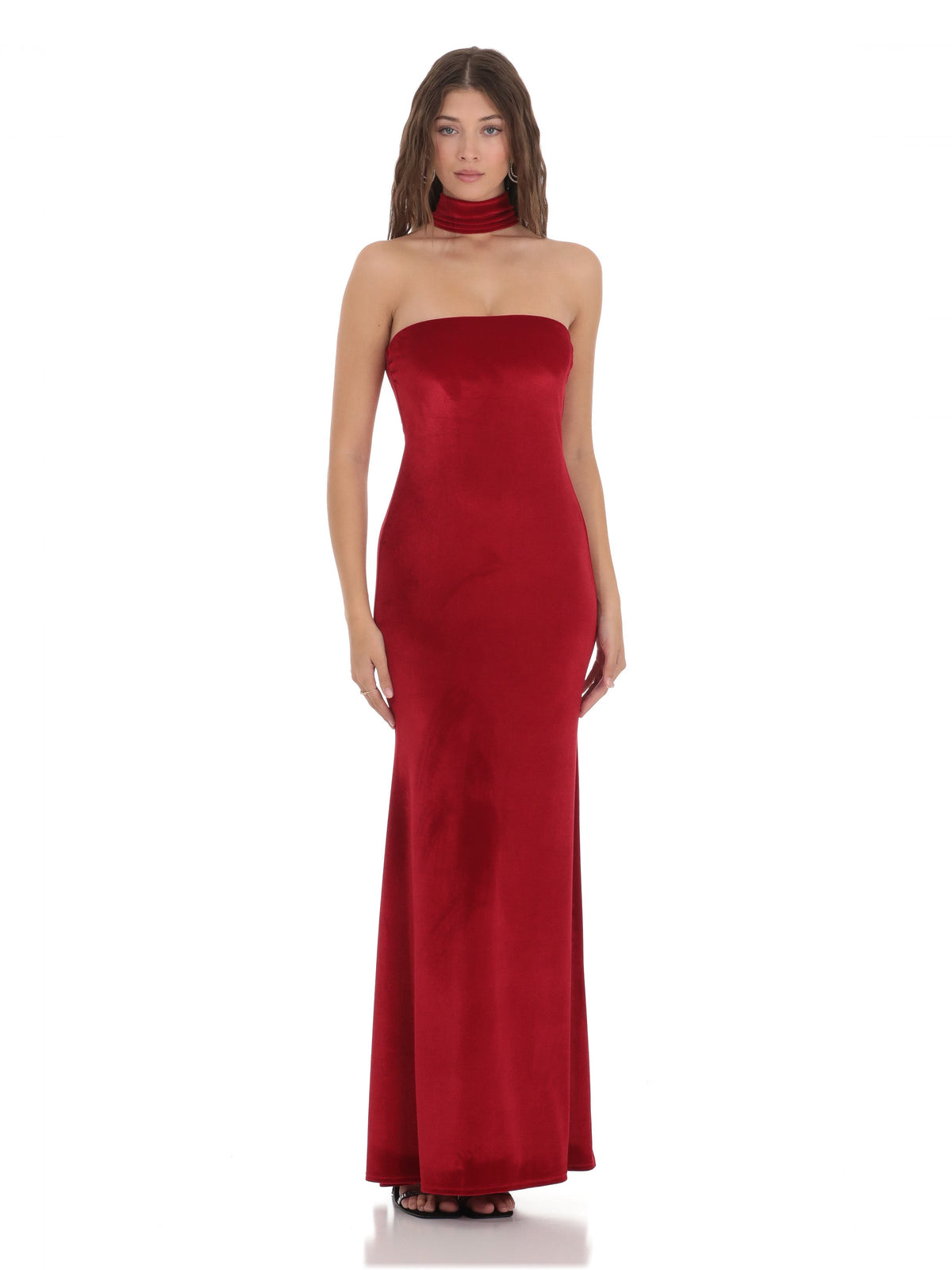 Red bridesmaid dress with halter neck neckline