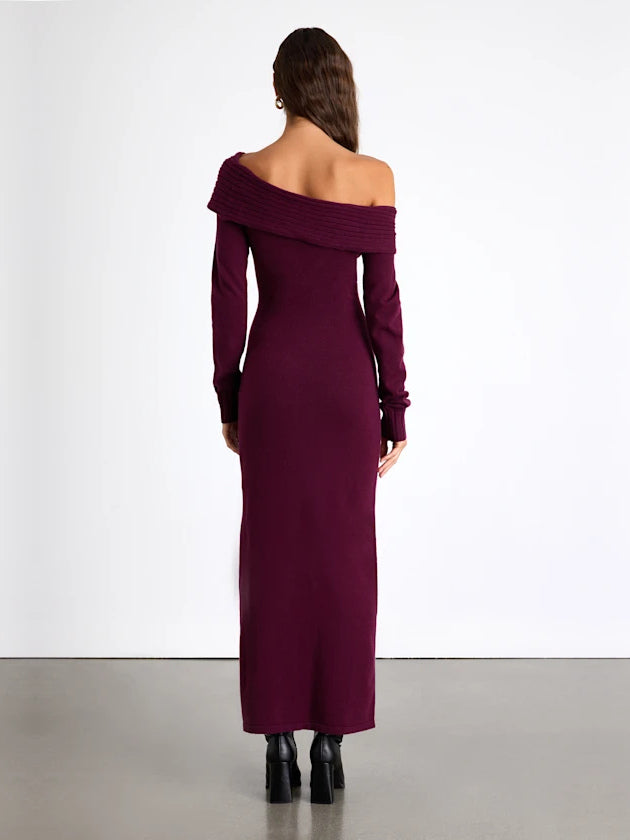 Plum bodycon maxi formal dress with bodycon, full-length back view