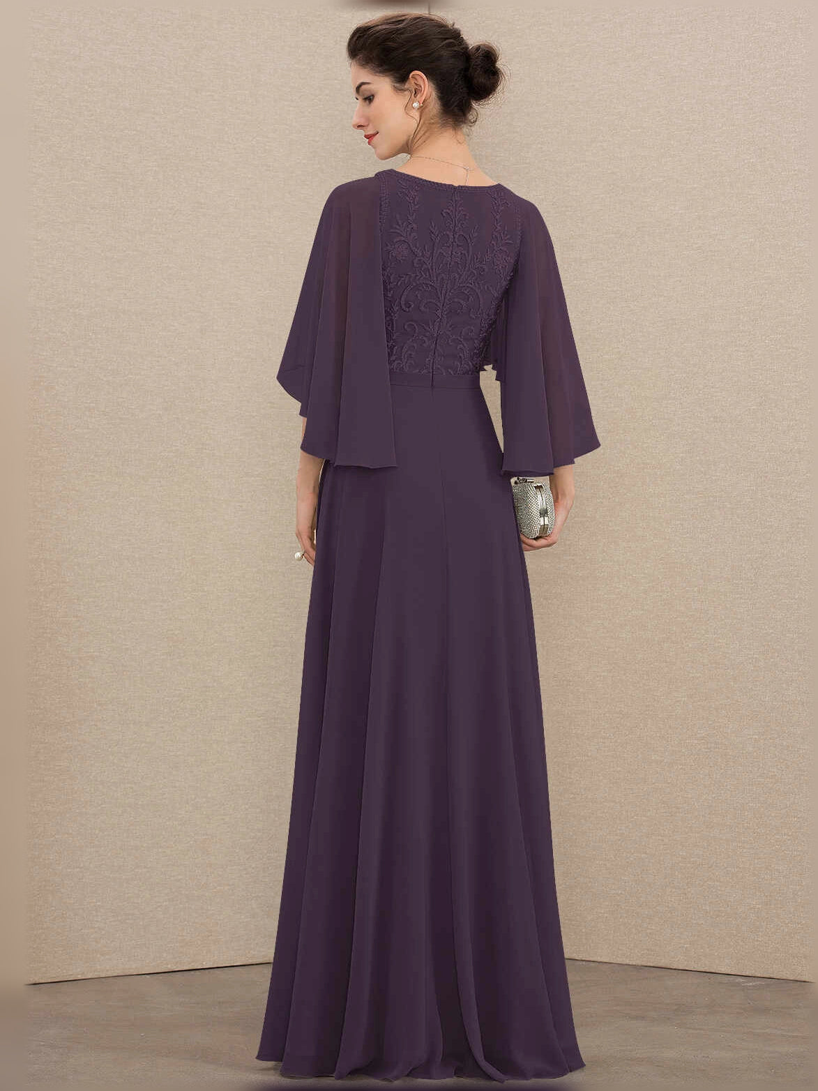 Embroidered V-neck A-line chiffon mother-of-the-bride dress in deep purple, back view