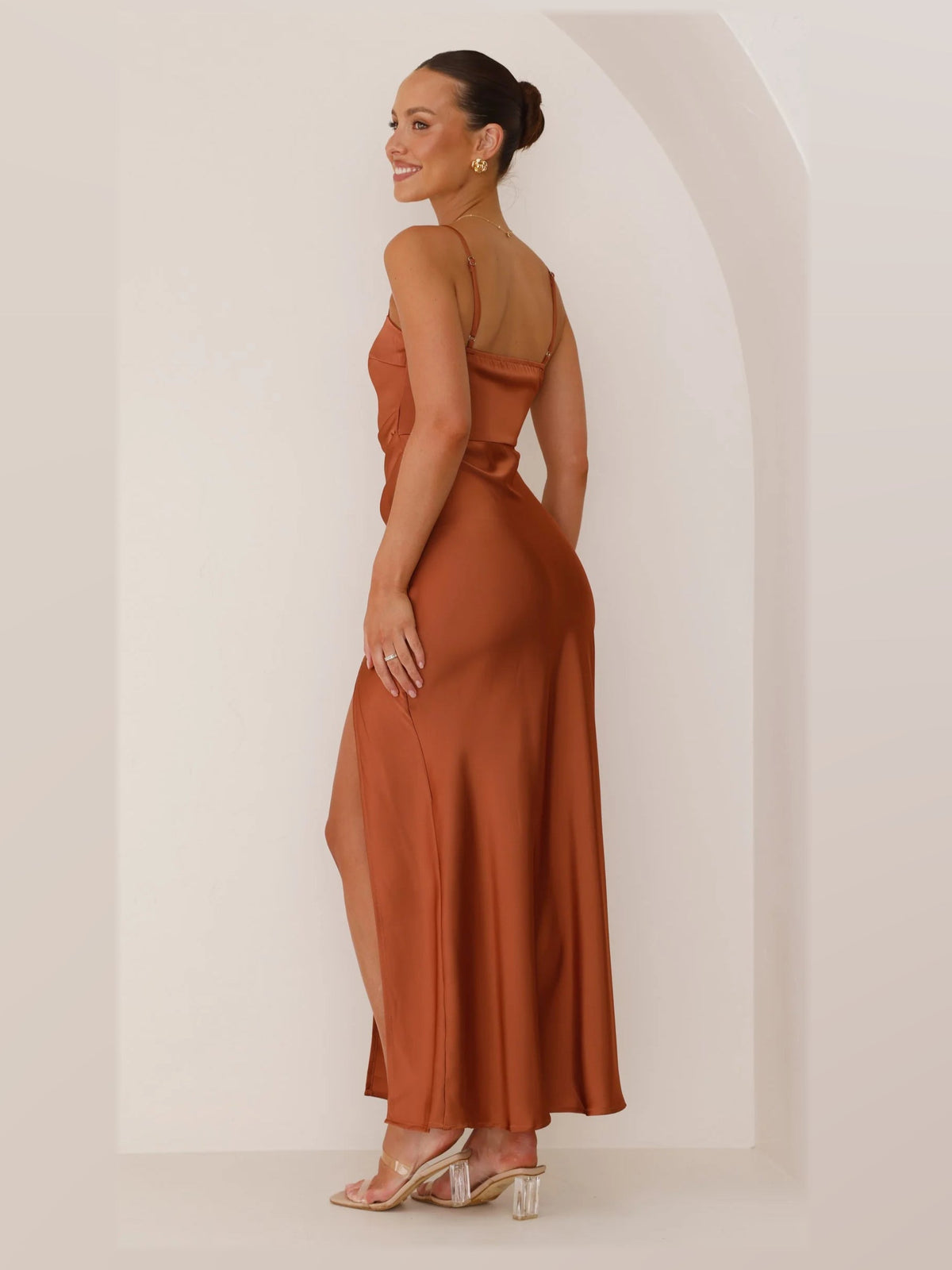 Copper maxi formal dress, back full-length view showing the bodice