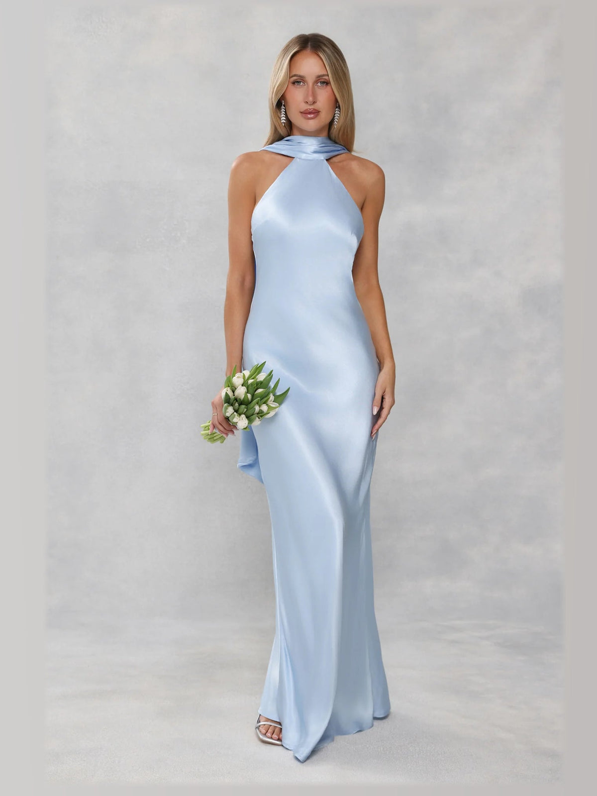 Light Blue formal dress with halter neck neckline