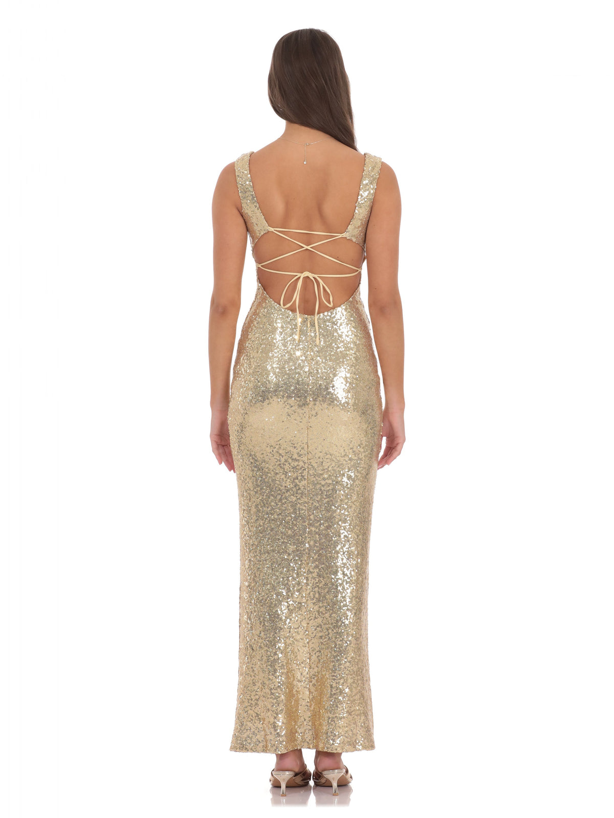 Gold bridesmaid dress with square neck neckline
