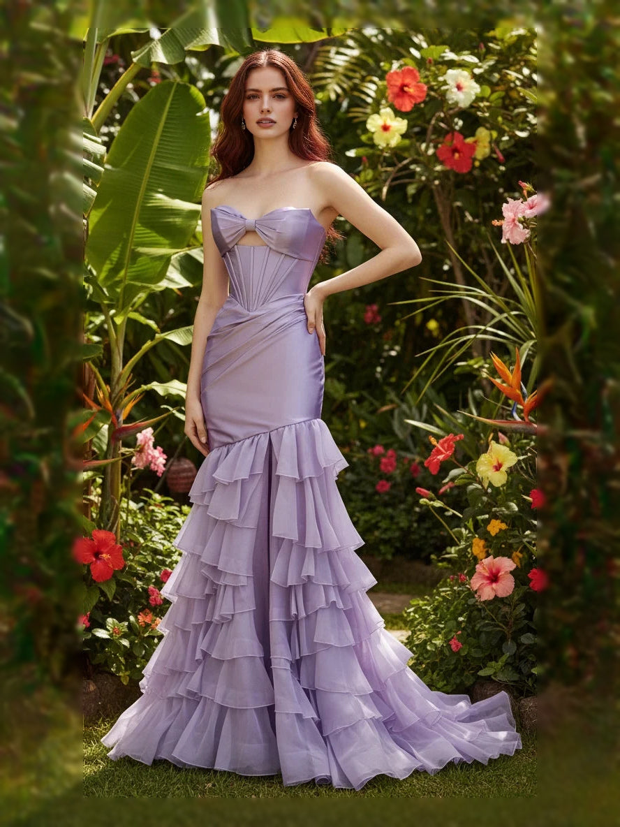 Light purple satin strapless sweetheart corset dress with tiered ruffle mermaid skirt