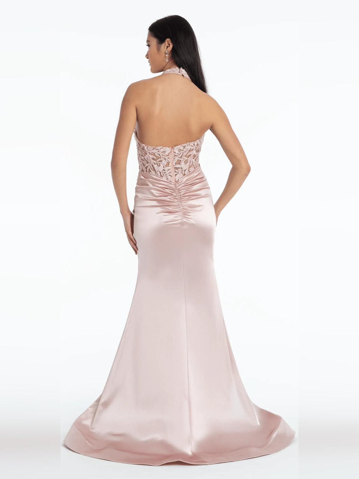 Blush pink halter neck corset mermaid formal dress, lace back bodice and flowing hem