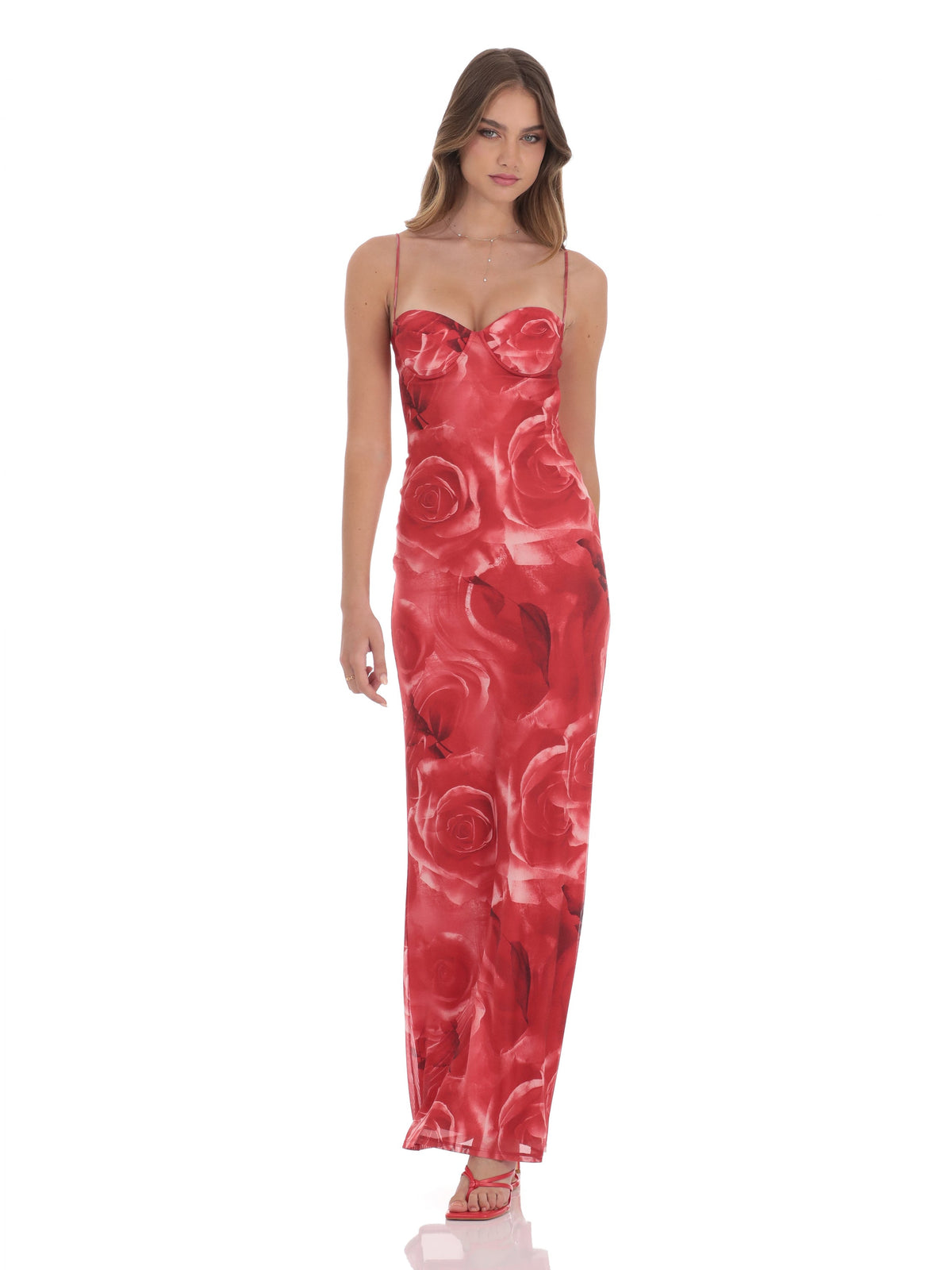 Red rose-print mesh maxi dress with slim A-line fit, spaghetti straps, sweetheart neckline