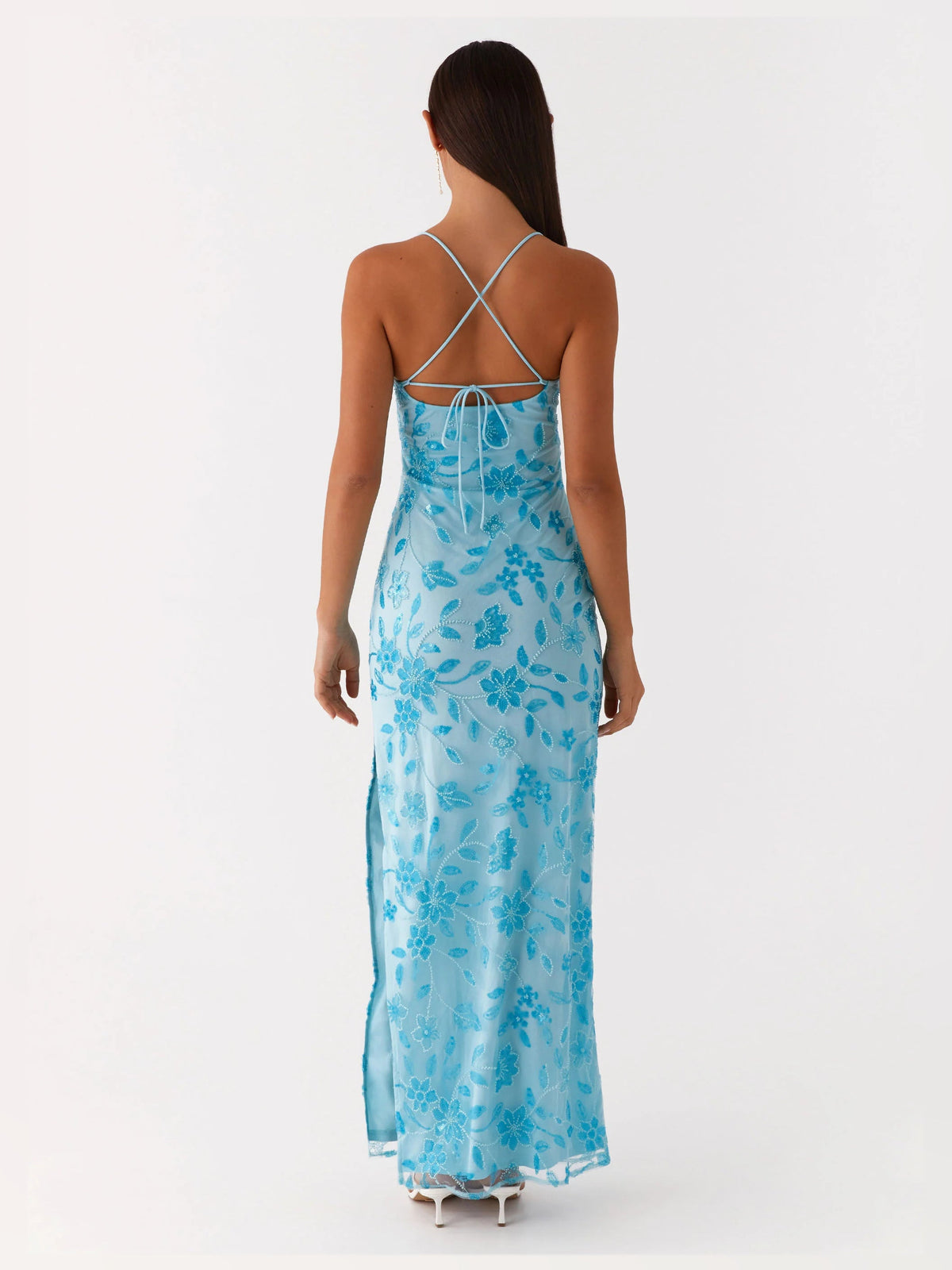 Blue sheath maxi formal dress with floral print, full-length back view