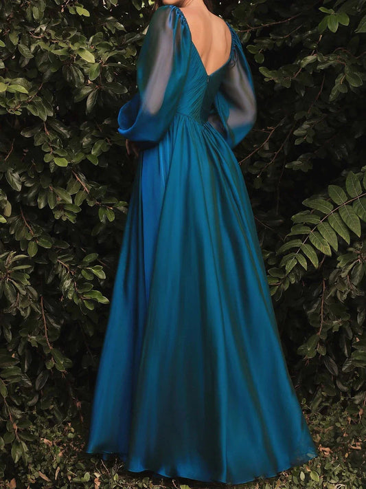 Teal long-sleeve A-line formal dress from back view with V-neck and gathered waist