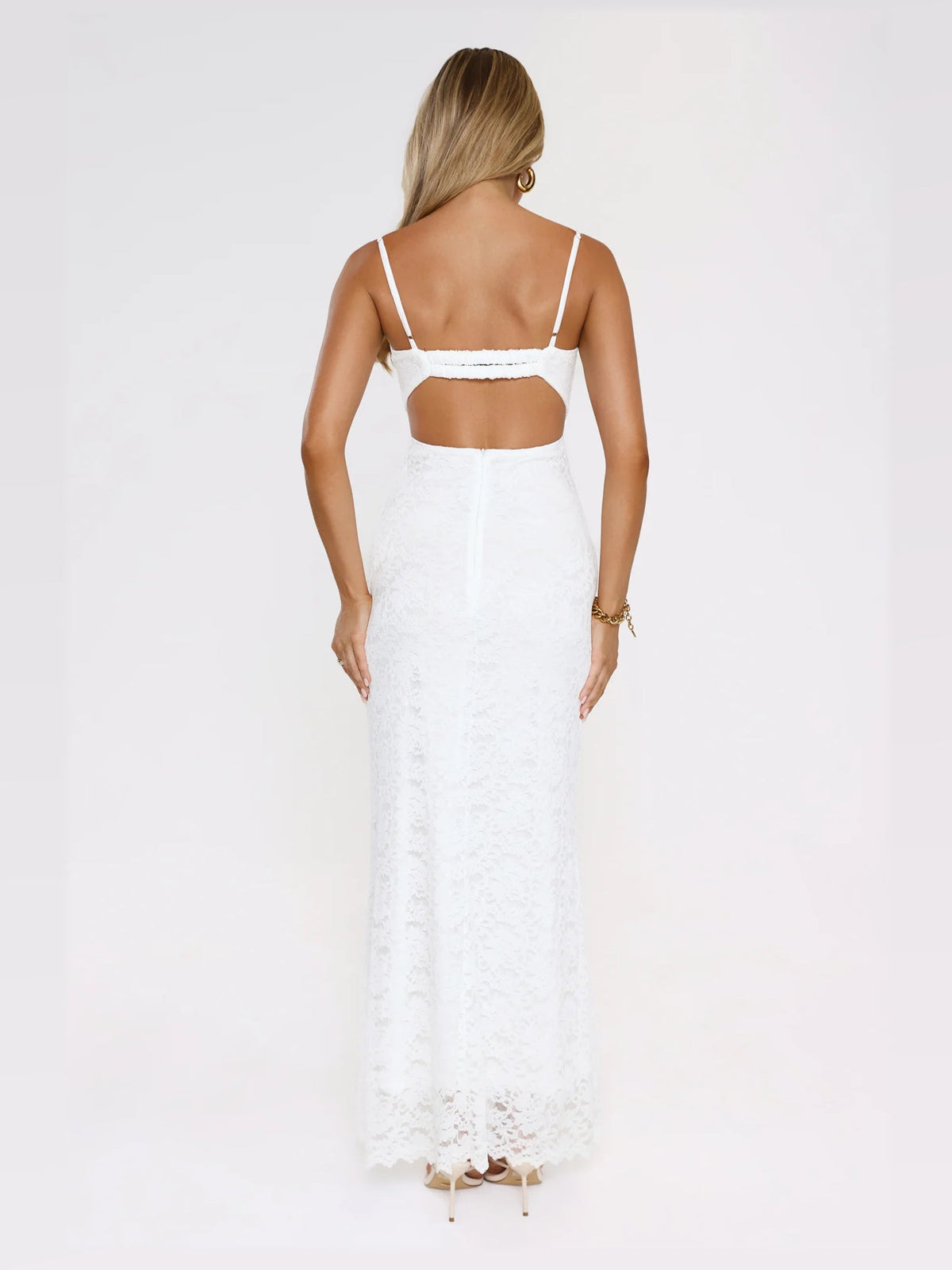 White maxi formal dress, back full-length view showing the bodice