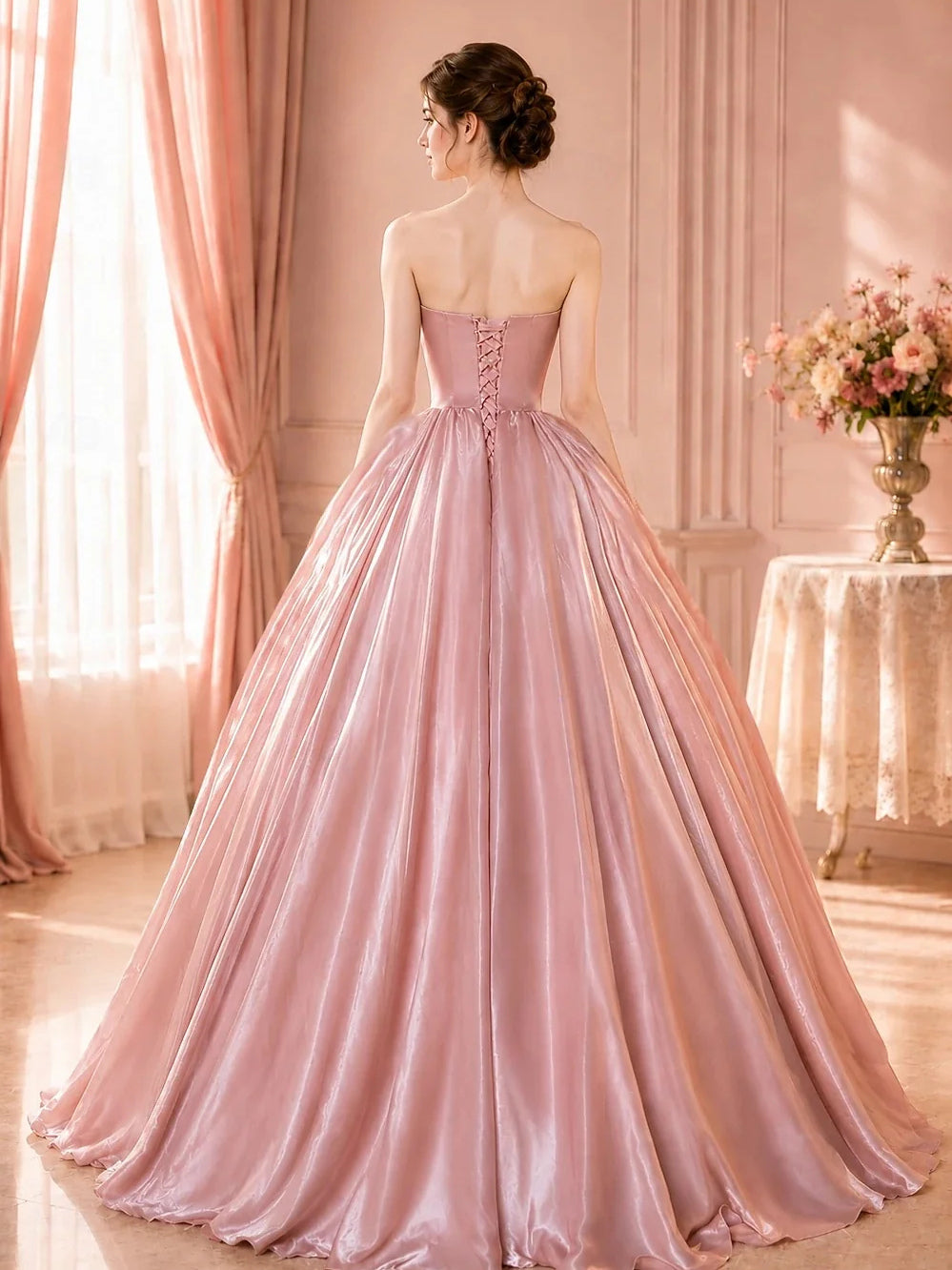 Back view of blush pink satin strapless corset bow A-line prom dress with full skirt
