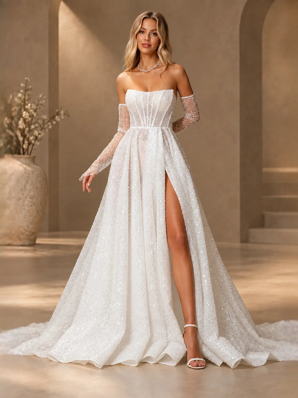 Ivory strapless corset A-line wedding dress with long sheer sleeves and front slit