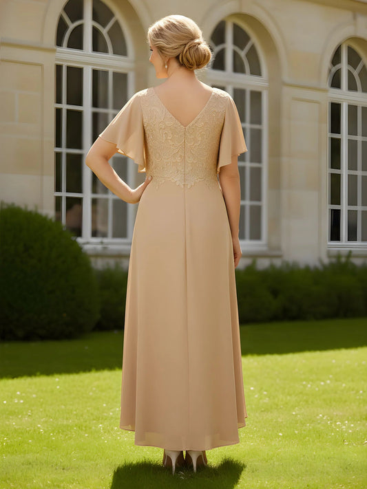 Gold chiffon A-line dress with ruffled round neck, cape sleeves, and high-low hem