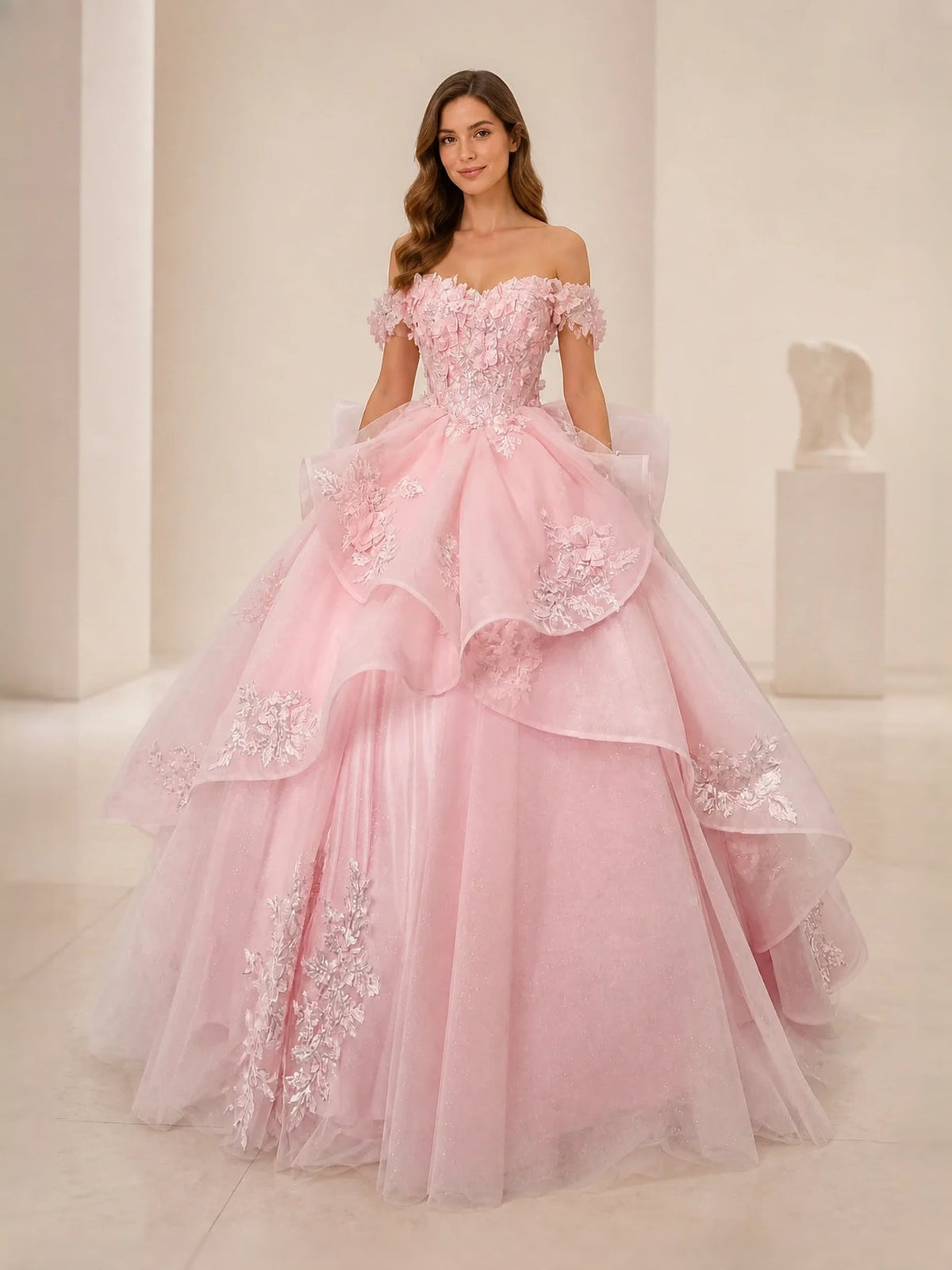 Pink off-shoulder tulle prom ball gown with layered ruffle skirt and floral lace