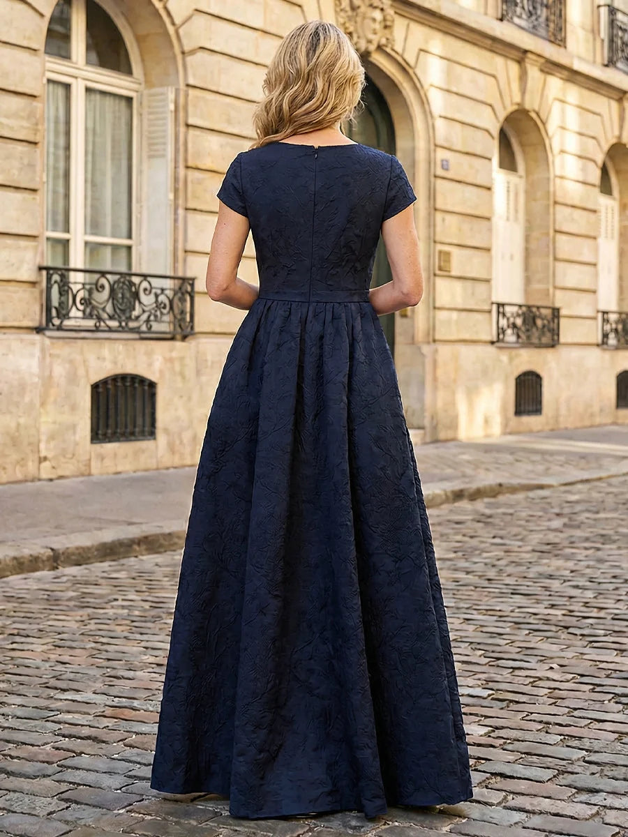 Dark blue V-neck A-line floor-length dress with short sleeves, back view