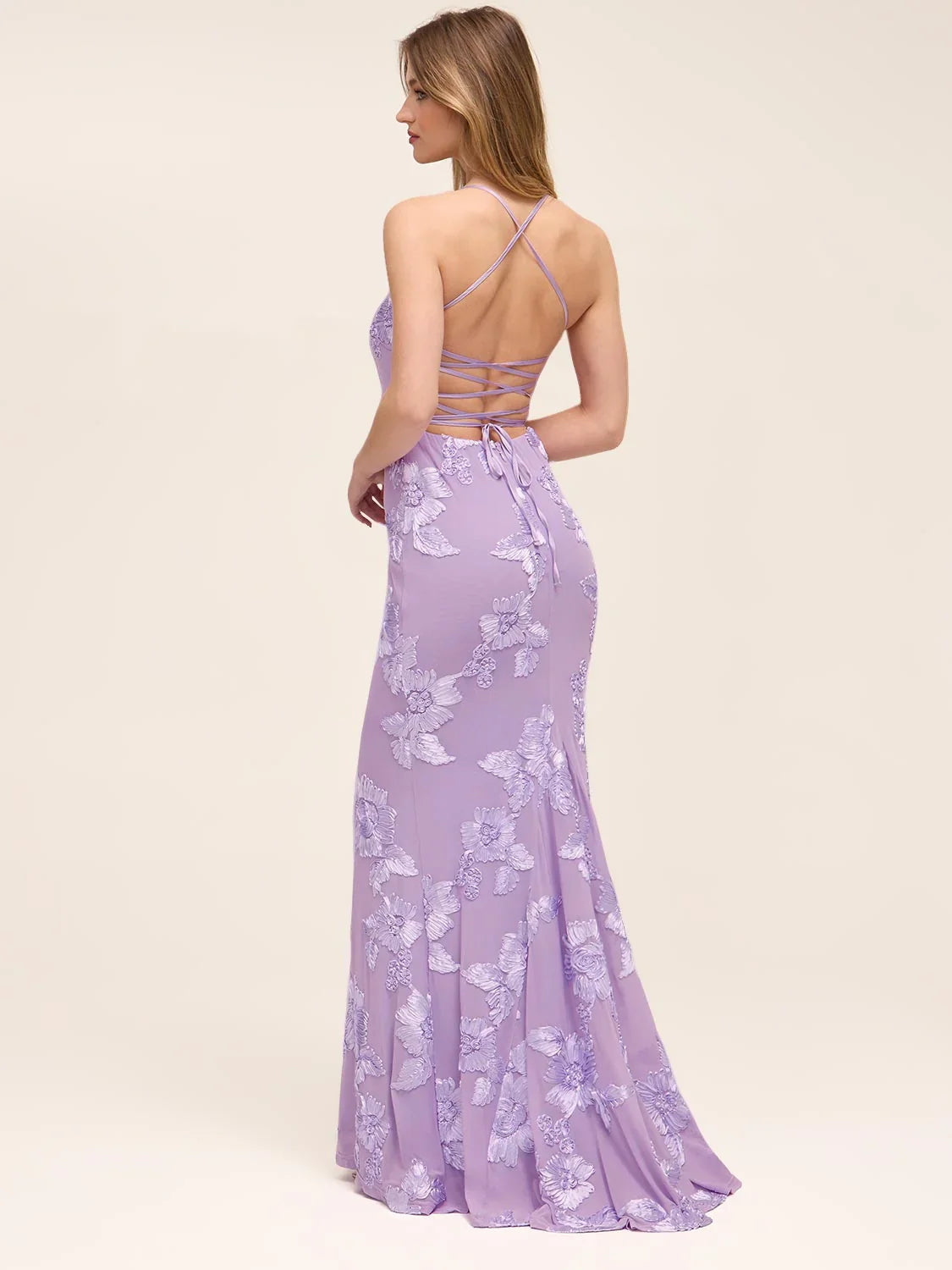 Lilac floral lace mermaid gown with open back and thin spaghetti straps