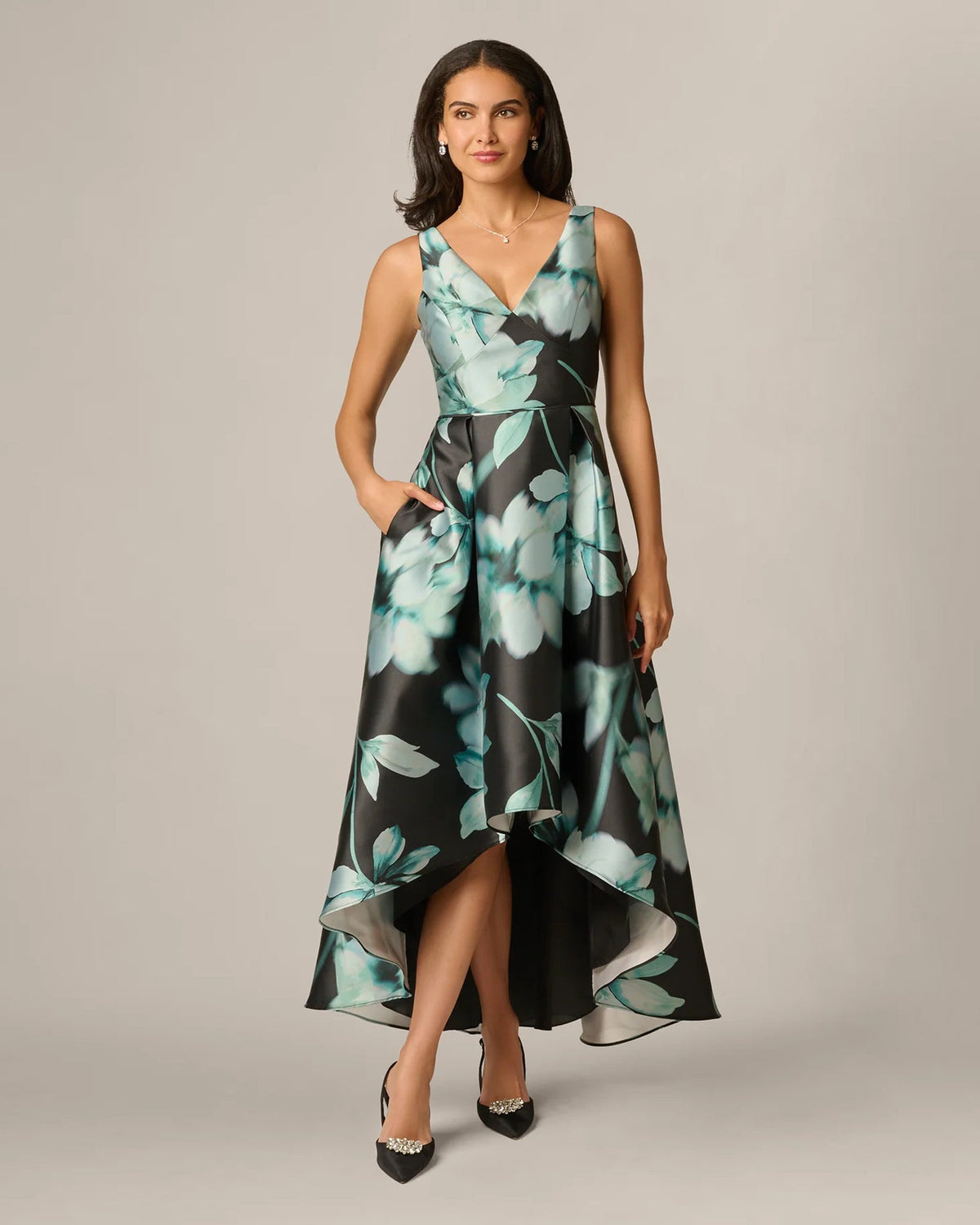Floral print maxi dress with spaghetti straps and high-low A-line skirt, black multi