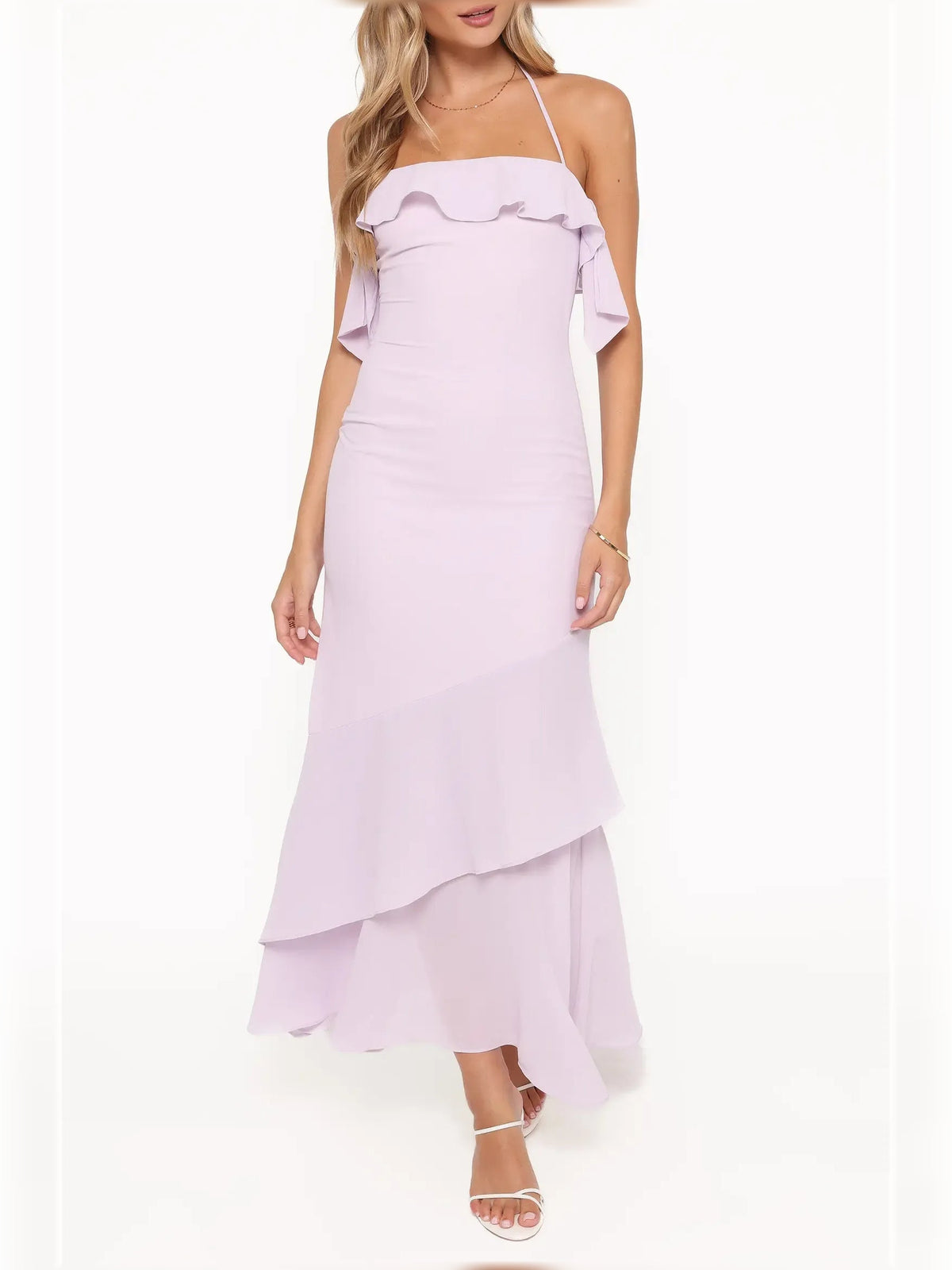 Lilac halter neck tiered ruffle midi dress with strap detail and layered hem