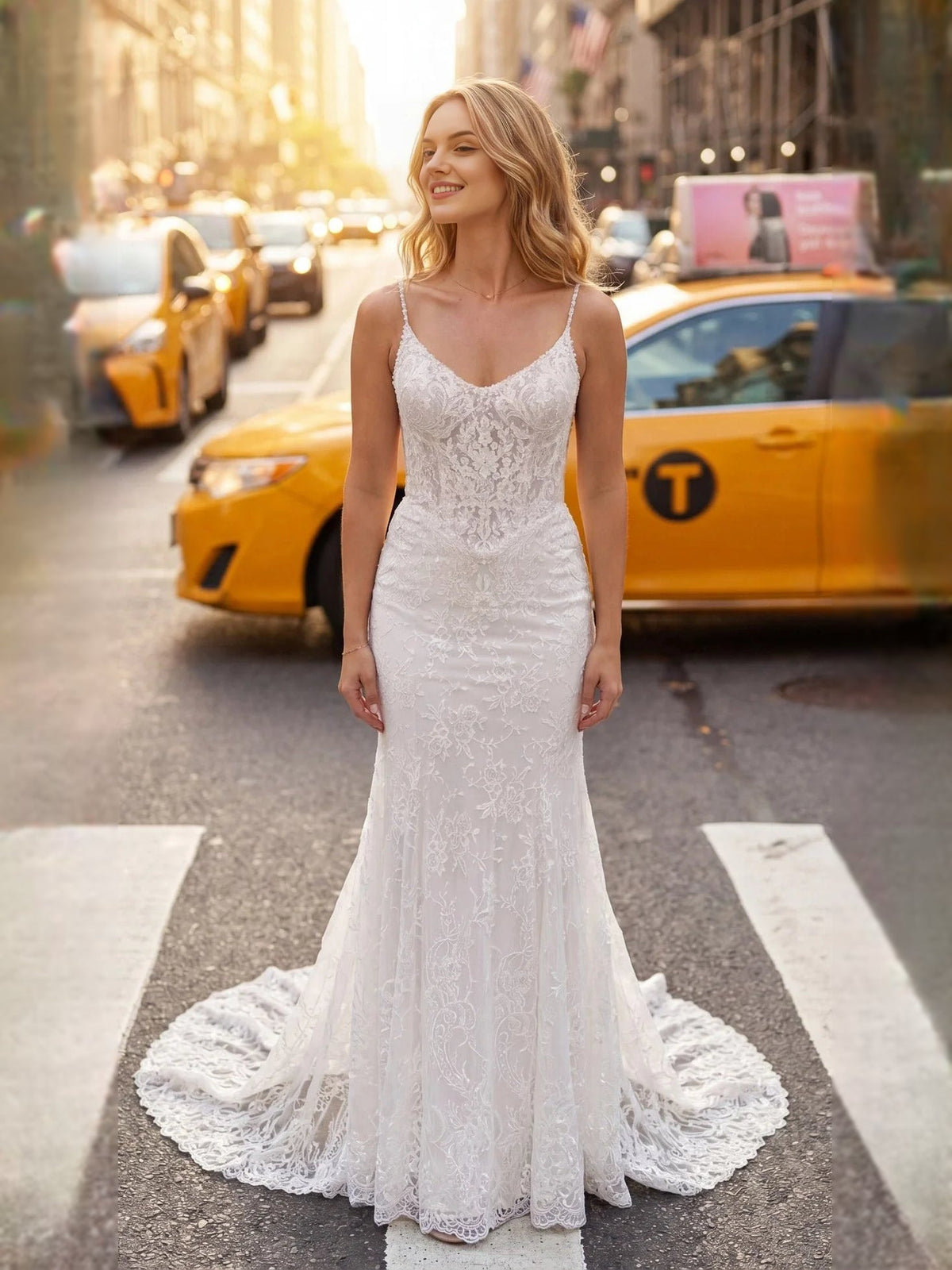 Ivory beaded lace mermaid wedding dress with V-neck, thin straps, flared scalloped hem