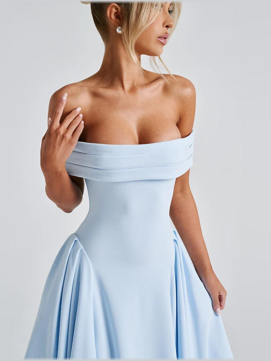 Light blue off-the-shoulder A-line midi formal dress with fitted bodice and pleats