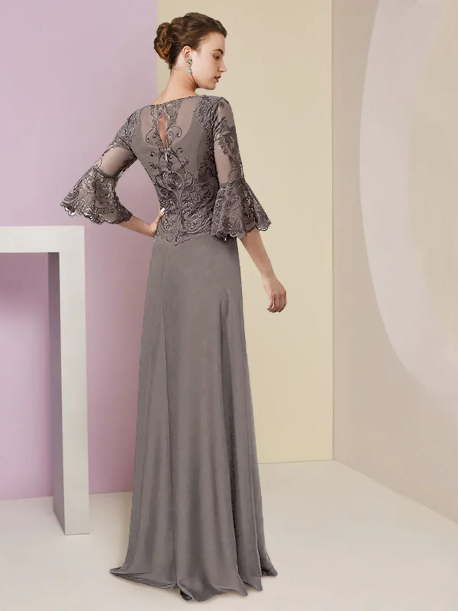 Grey chiffon A-line dress with lace back and bell sleeves, side slit