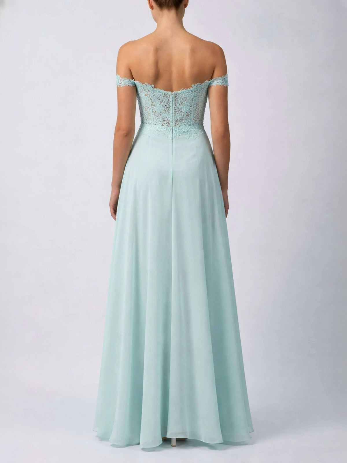 Back view of mint green off-shoulder A-line chiffon prom dress with lace bodice