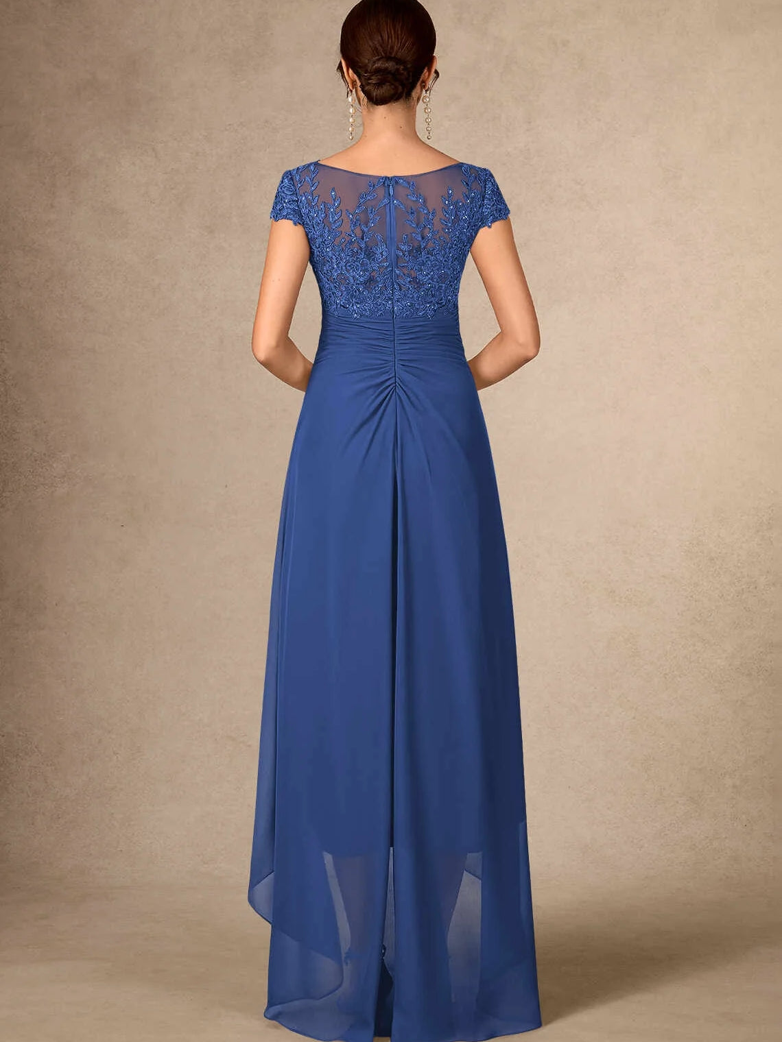 Back view of navy ruched V-neck chiffon mother-of-the-bride dress with floral sequin bodice