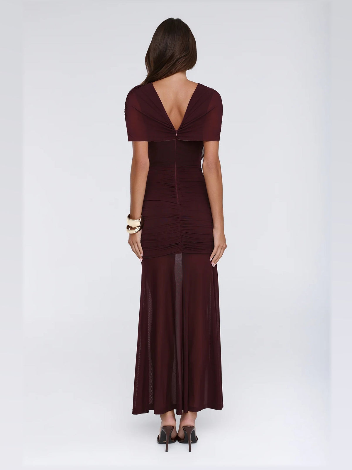 Burgundy maxi formal dress, back full-length view showing the bodice