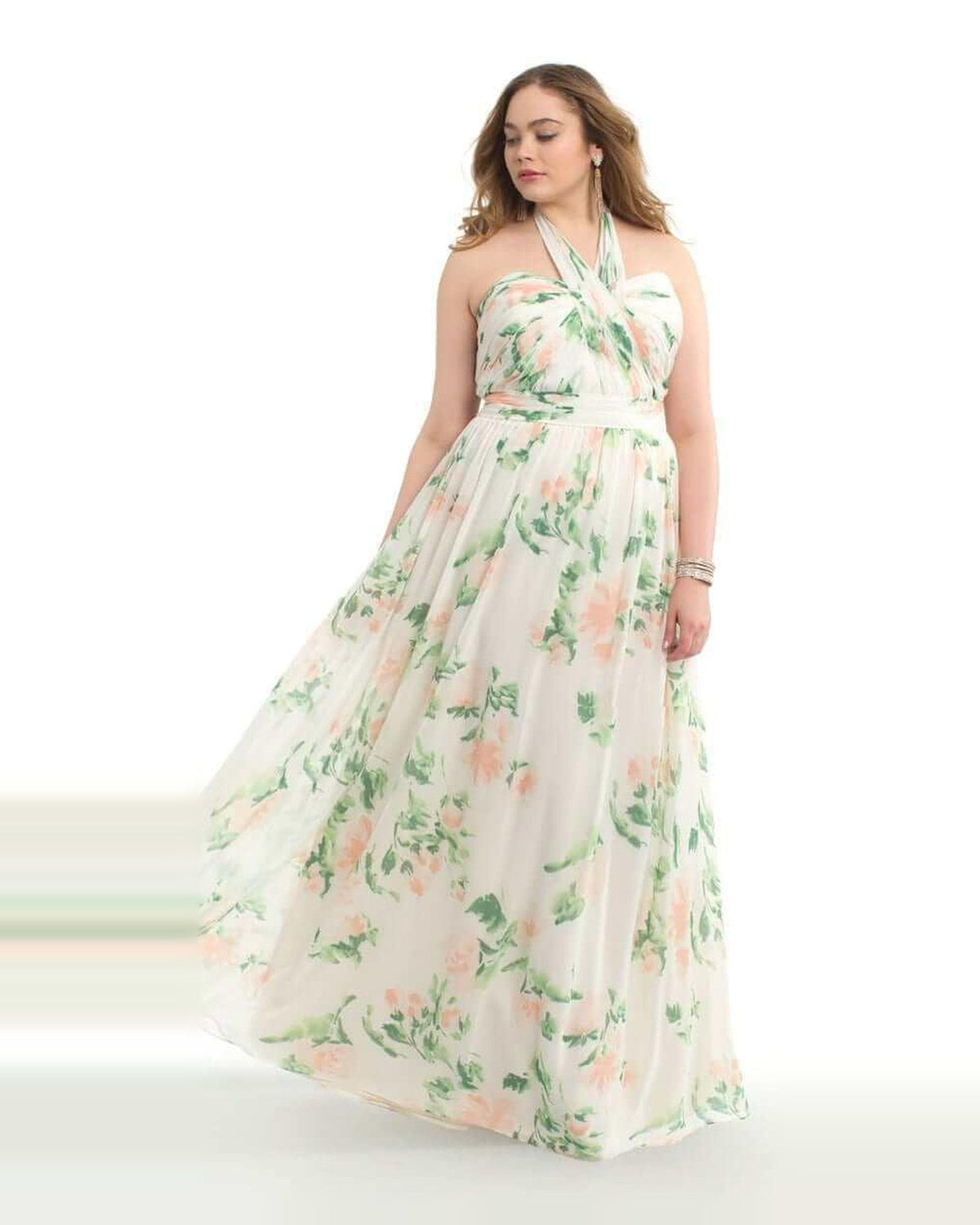 Ivory halter A-line prom dress, green floral print, full floor-length skirt