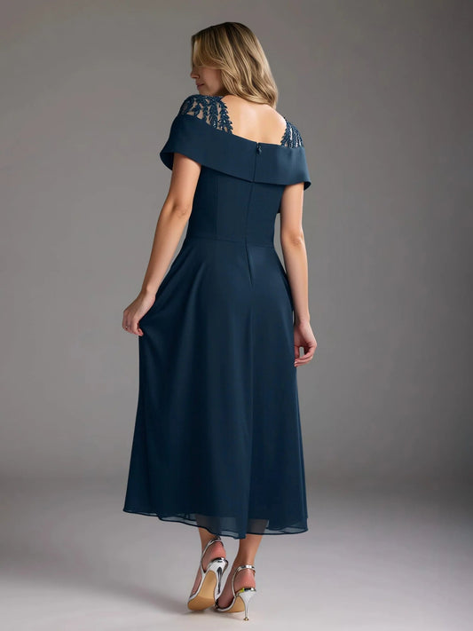 Dark navy off-shoulder A-line midi chiffon dress with sequin back detail
