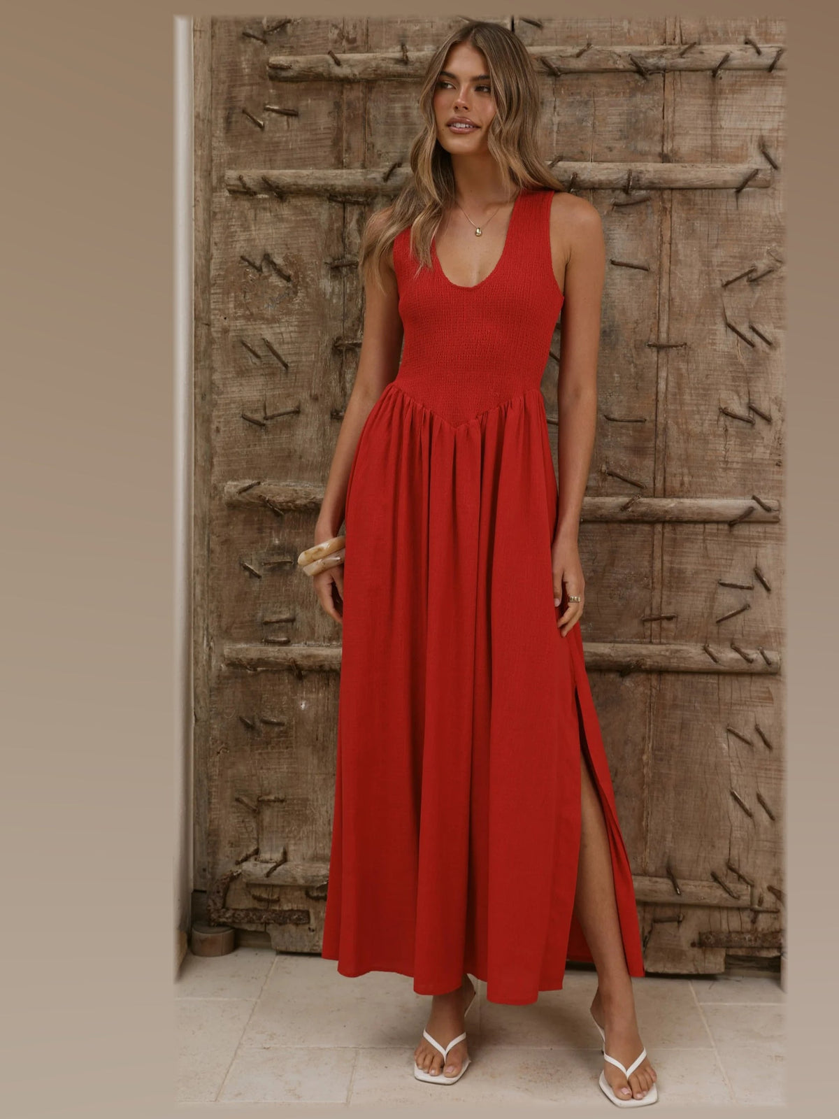 Red formal dress with a-line silhouette