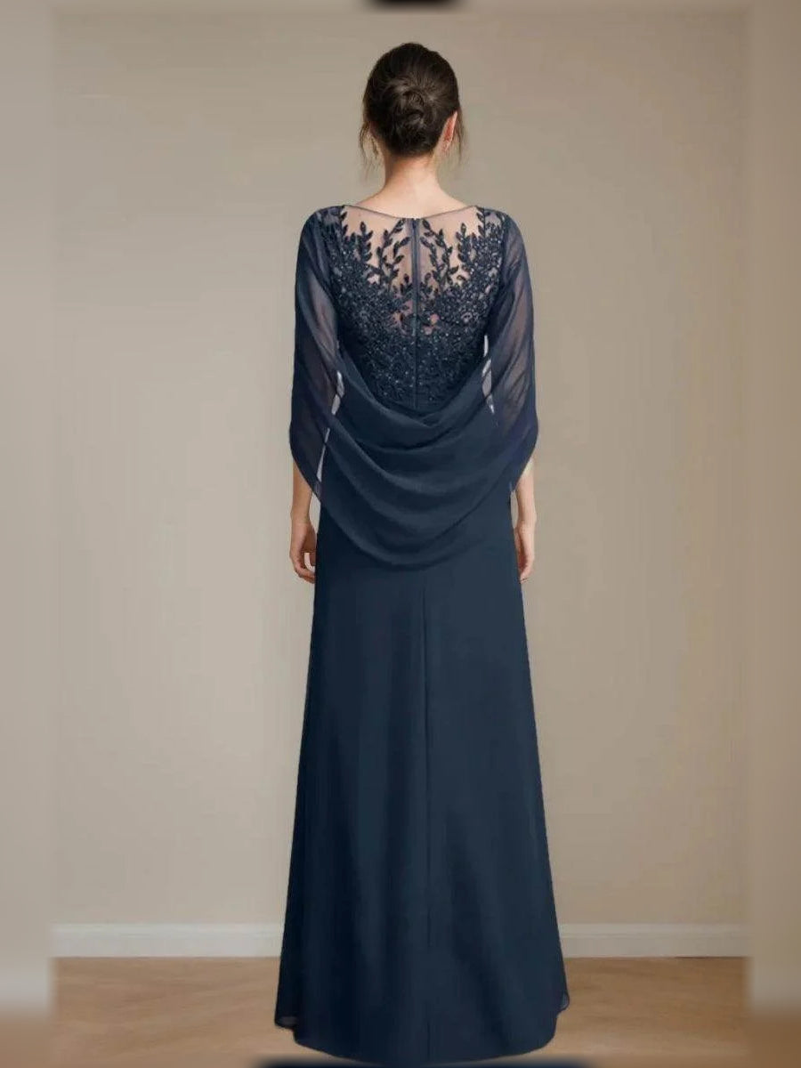 A-line chiffon mother of the bride dress with illusion back and lace floral yoke