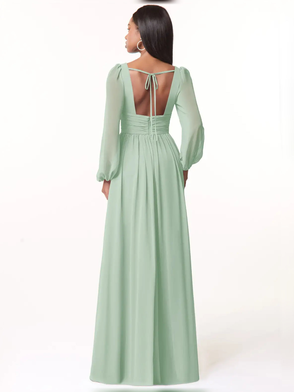 Dusty sage chiffon bridesmaid dress from back, V-shaped open back with tie straps.