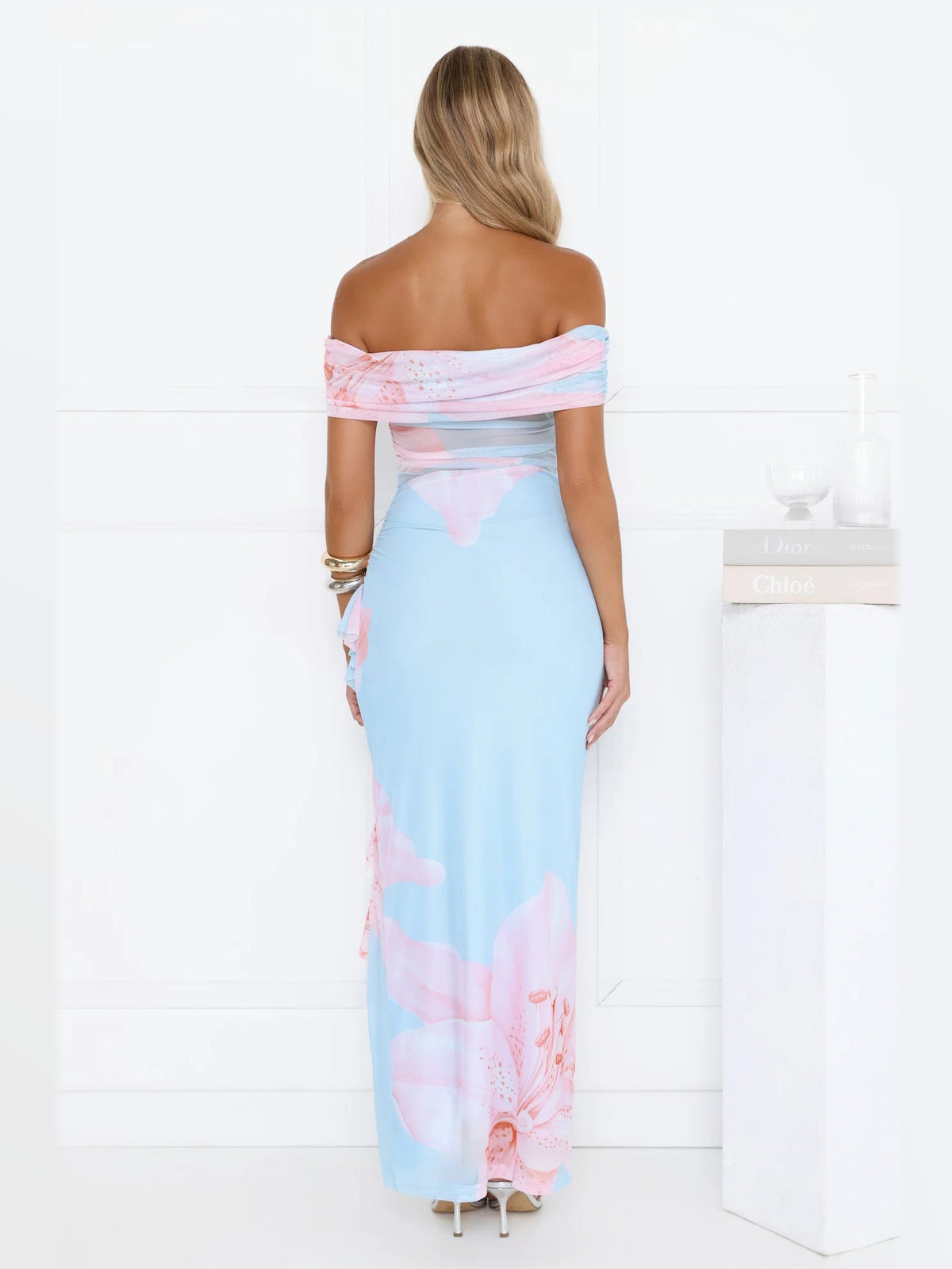 Blue maxi formal dress, back full-length view showing the bodice