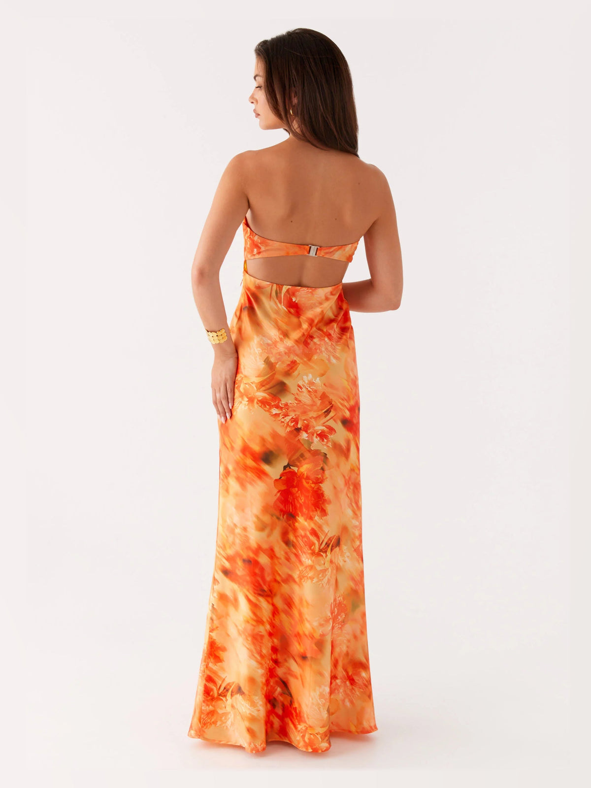 Orange Floral Print maxi formal dress, back full-length view showing the bodice