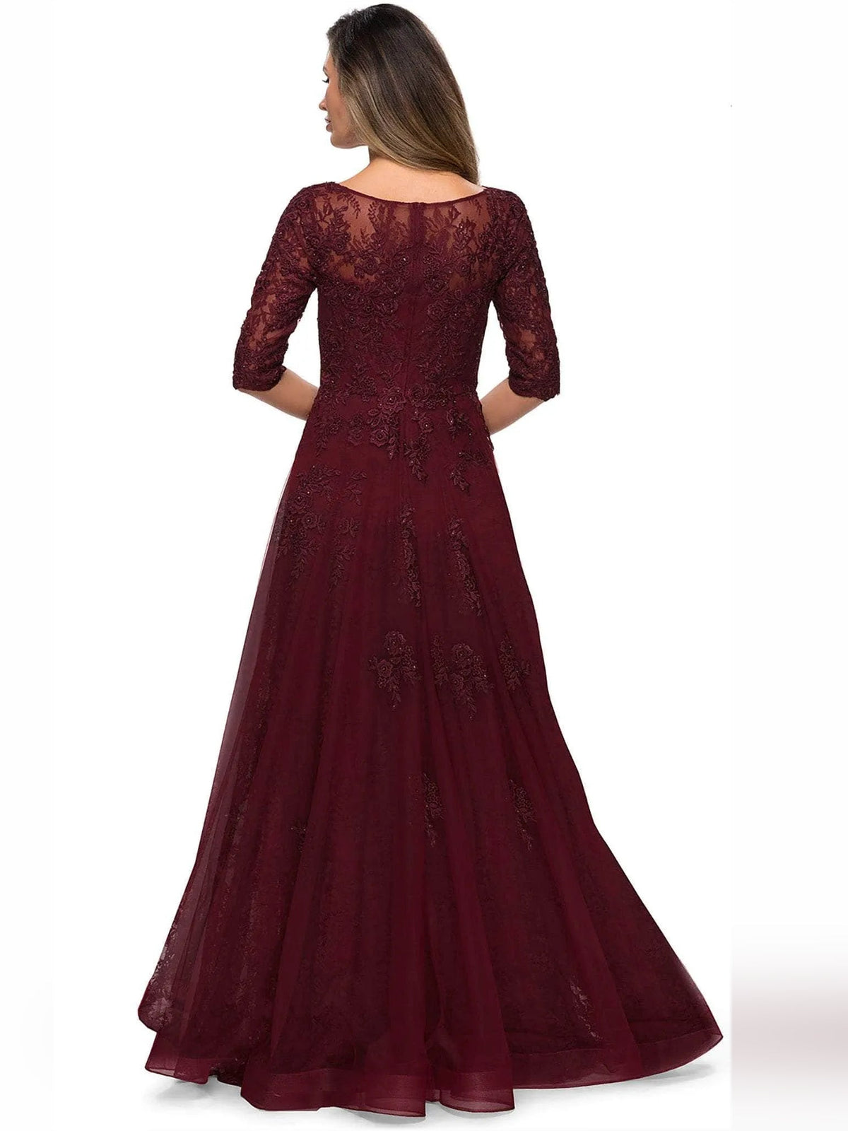 Burgundy embroidered A-line mother of the bride tulle dress, scoop back and 3/4 sleeves