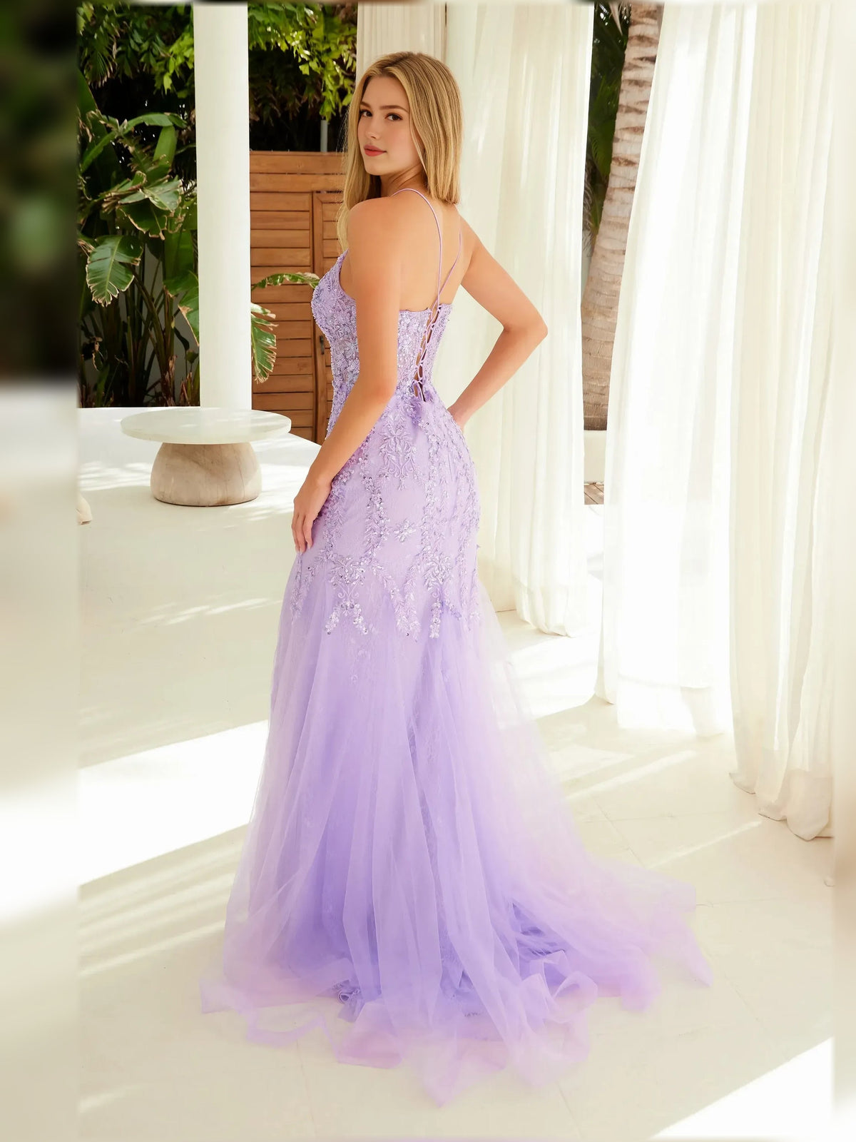 Floral print v-neck corset formal dress, lilac, back view with corset detail and slit