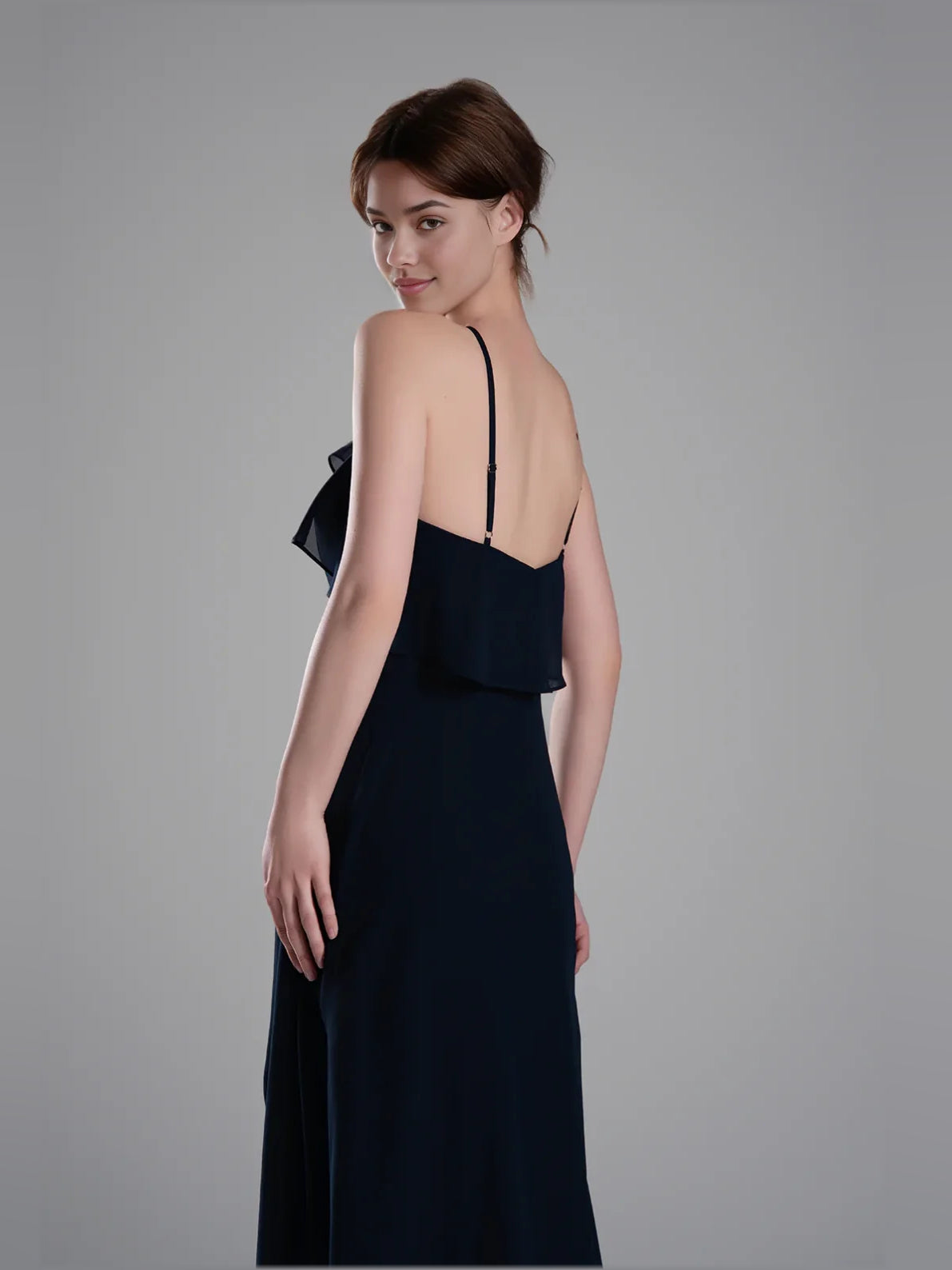 Dark navy chiffon bridesmaid dress, halter back with thin straps, ruffled shoulder detail