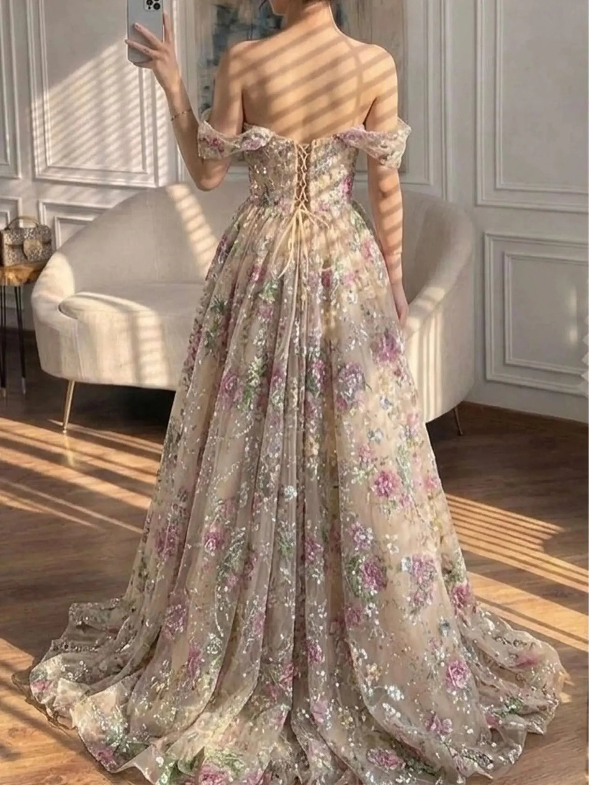 Floral corset bodice tulle prom dress with sweetheart neckline and flowing A-line skirt