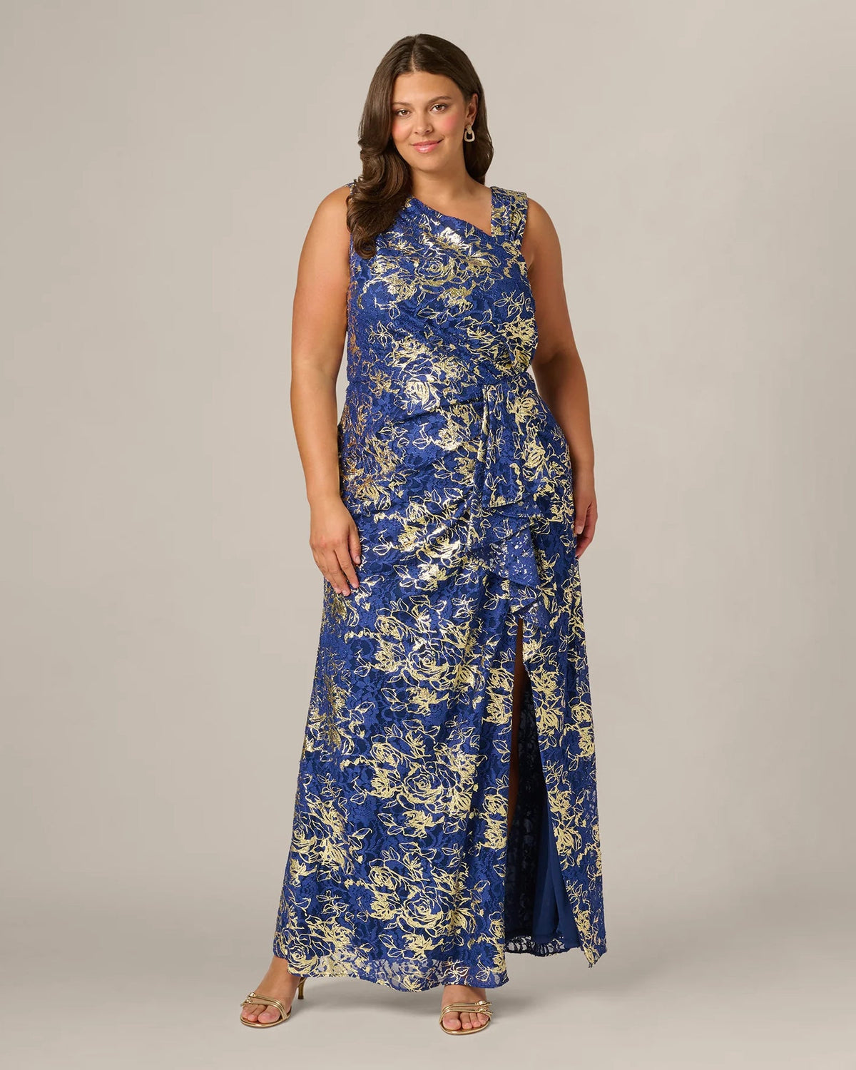 Draped scoop-neck maxi dress in blue with gold floral lace and side slit detail