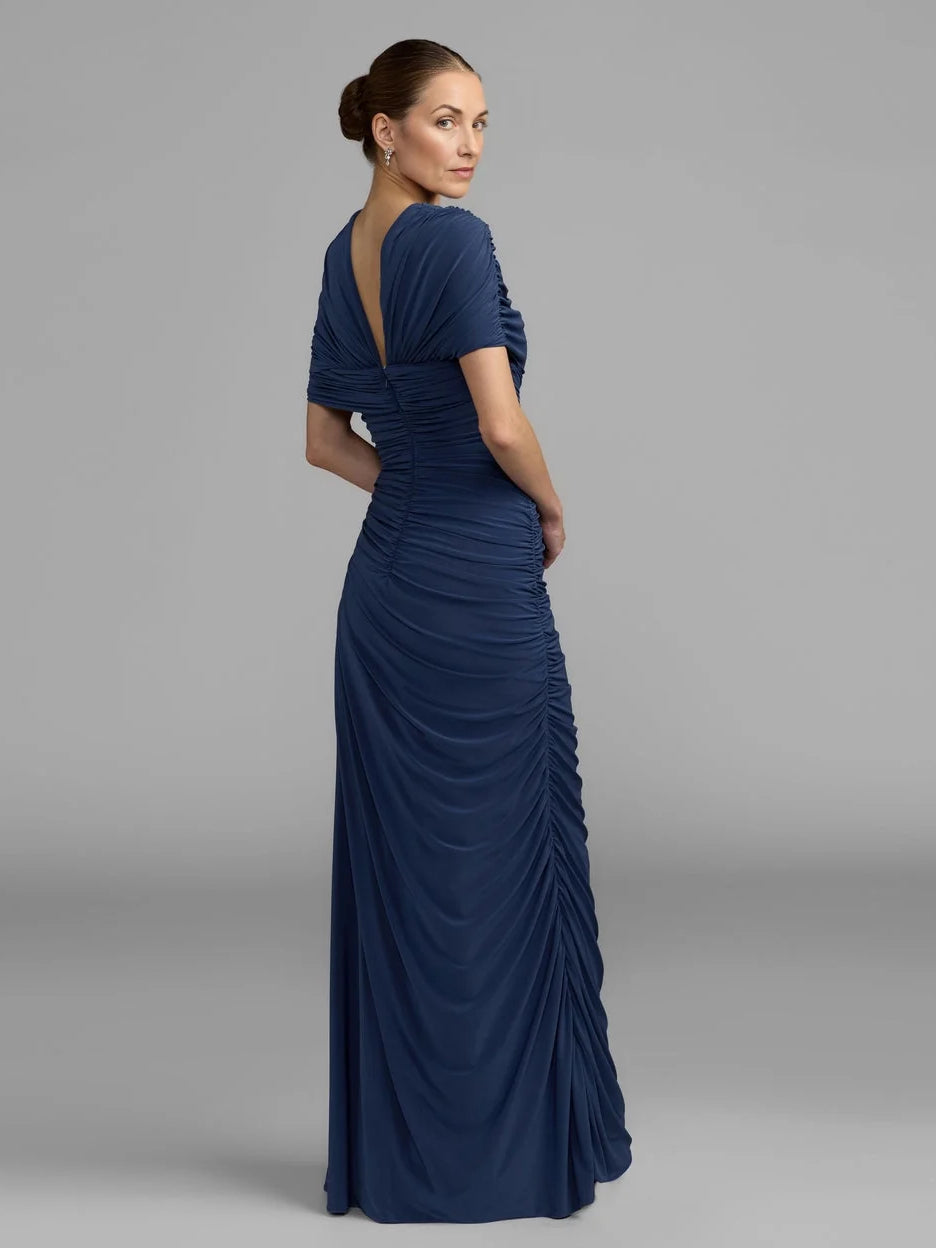 Dark blue ruched draped jersey mermaid gown with V-neck, short sleeves, side view