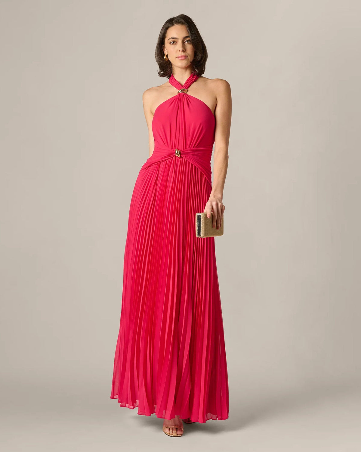 Cherry red halter neck pleated maxi dress, fitted bodice, gathered waist
