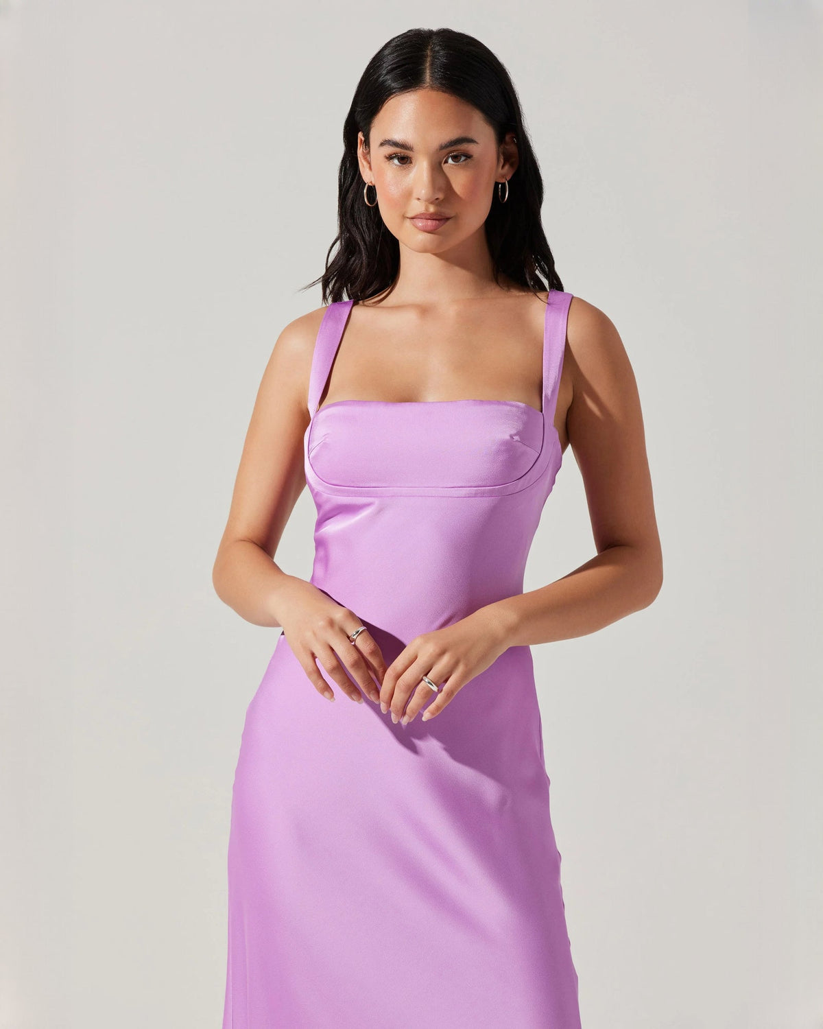 Lilac satin sleeveless maxi dress with square neckline and fitted bodice