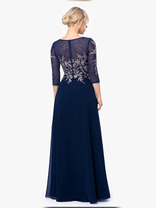 Dark navy A-line mother-of-the-bride dress, illusion lace back, 3/4 sleeves