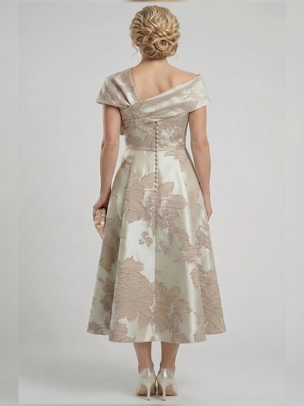 Champagne floral A-line tea-length dress with short sleeves, open back, corset lacing