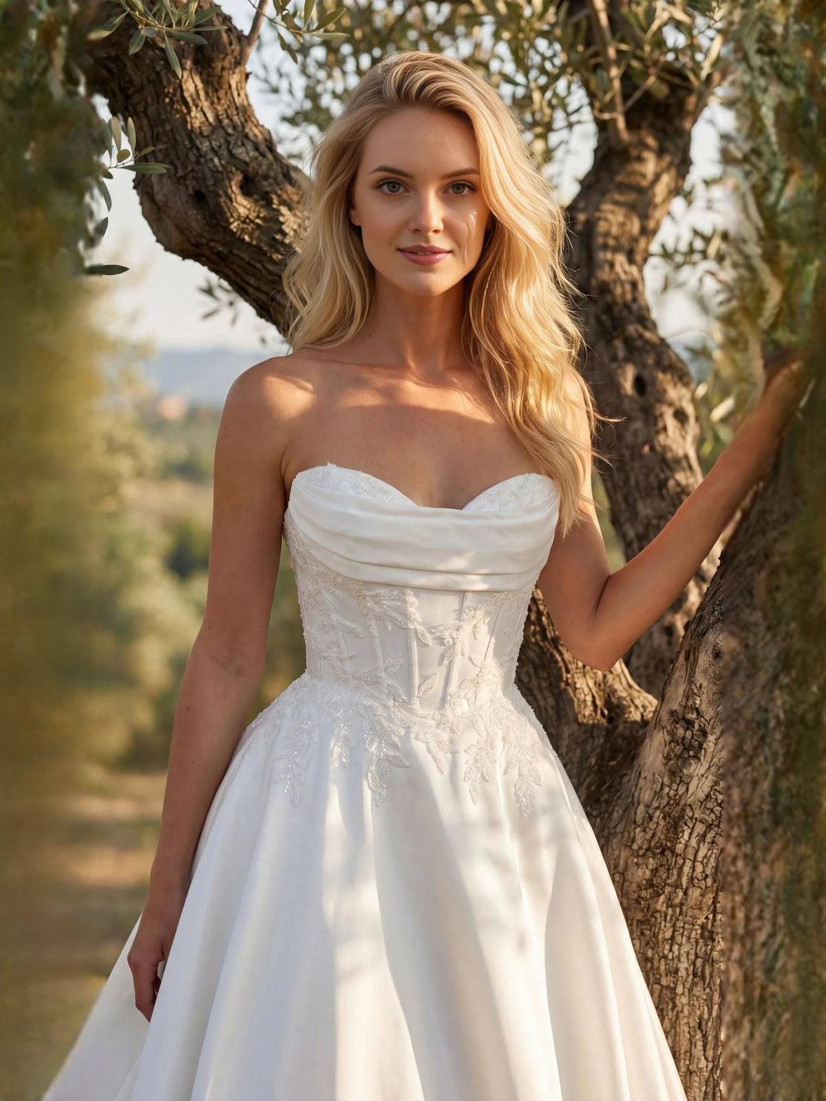 Ivory off-shoulder corset wedding dress with fitted bodice and flared A-line skirt