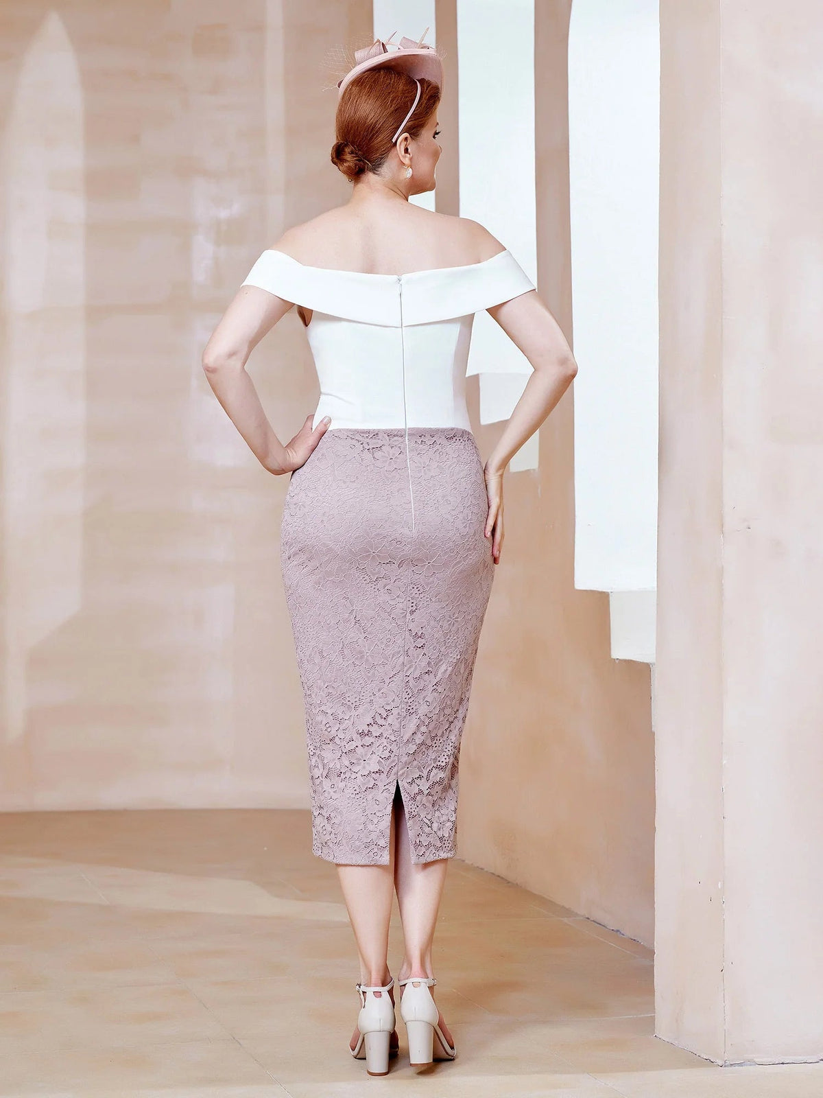 Back view sheath midi dress with off-shoulder off-white neckline and mauve lace skirt