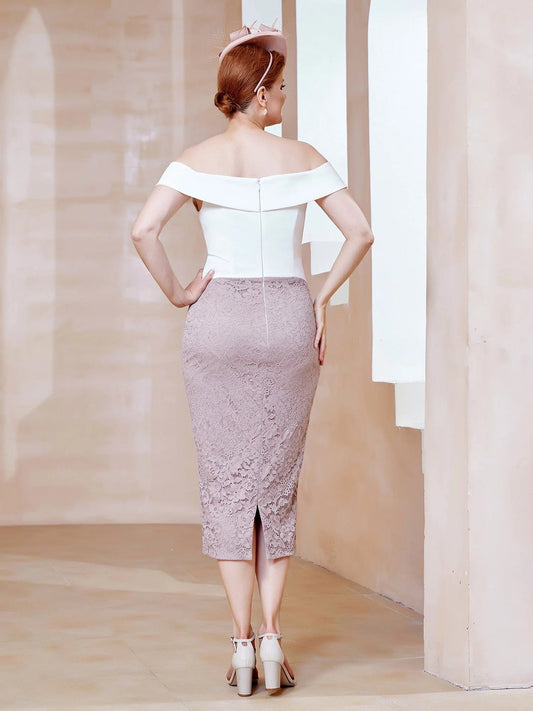 Back view sheath midi dress with off-shoulder off-white neckline and mauve lace skirt