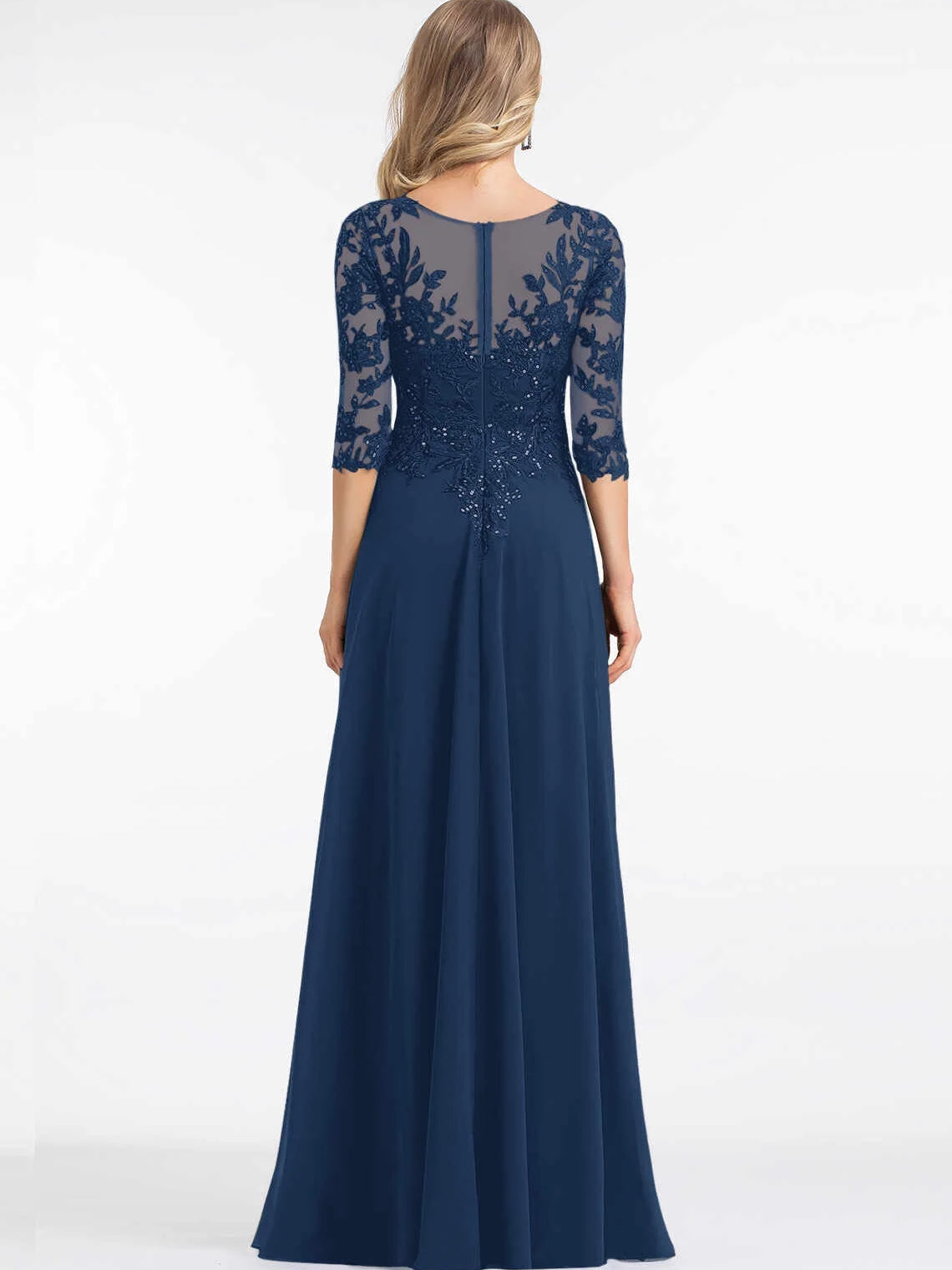 Embroidered sequin floral maxi dress, back view, dark blue, A-line with lace sleeves
