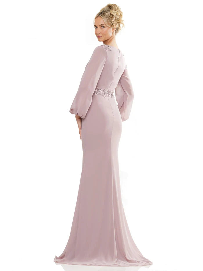 Mauve V-neck long chiffon mother-of-the-bride dress with three-quarter sheer sleeves
