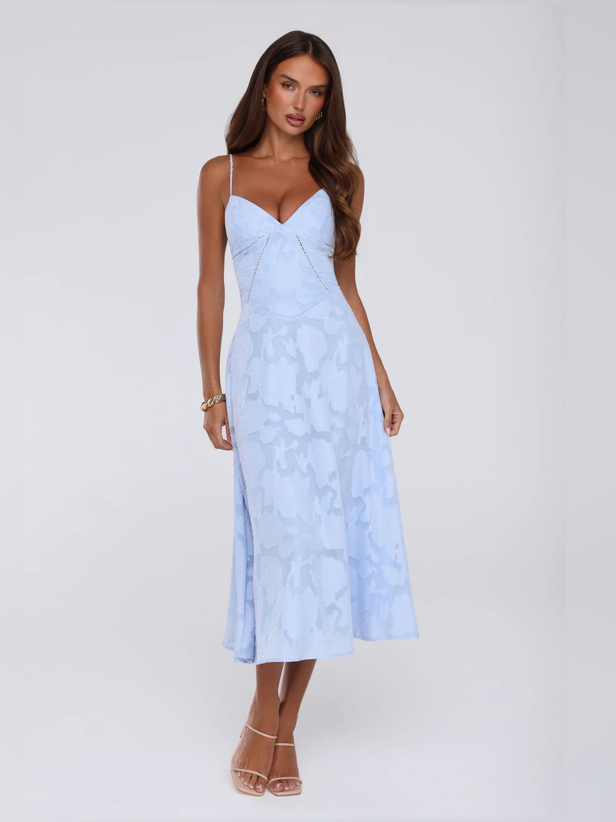 Sky-blue midi formal dress with V-neck bodice, spaghetti straps, A-line skirt